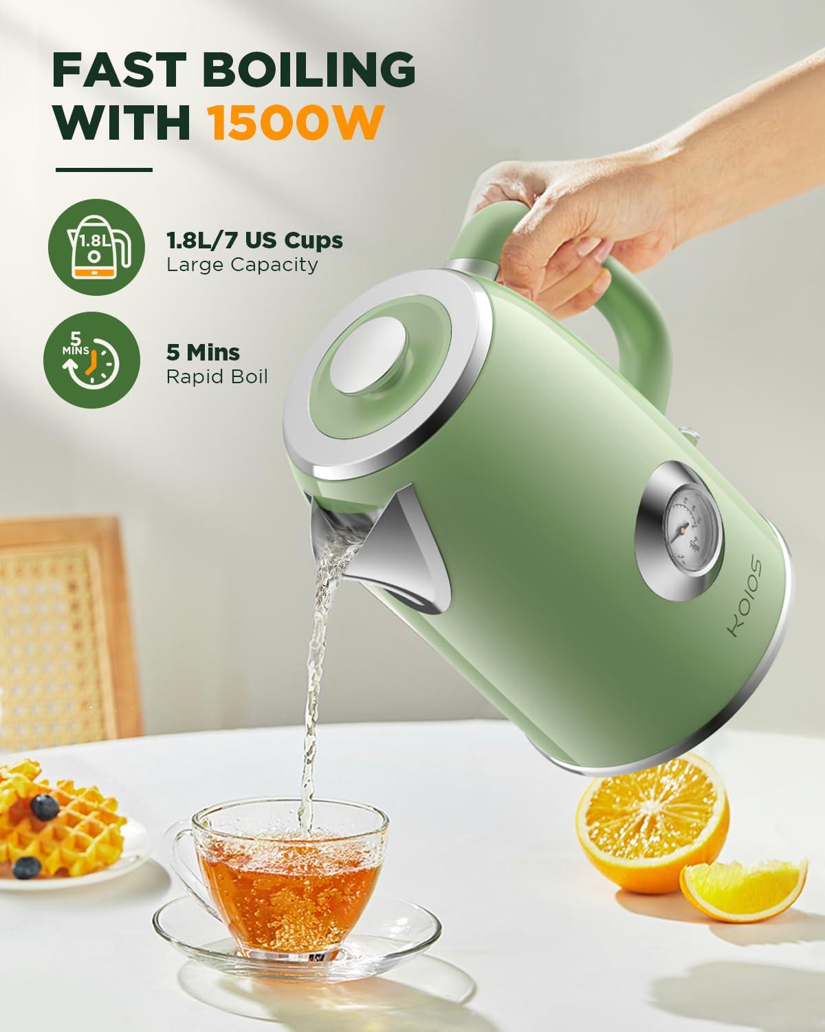 Electric Kettle 1.8L with Temperature Gauge, 1500W Fast Boiling Electric Tea Kettle, 100% Stainless Steel Retro-Style Hot Water Kettle Electric - Glowing LED Light, Auto Shut-Off & Boil-Dry Protection - Image 5