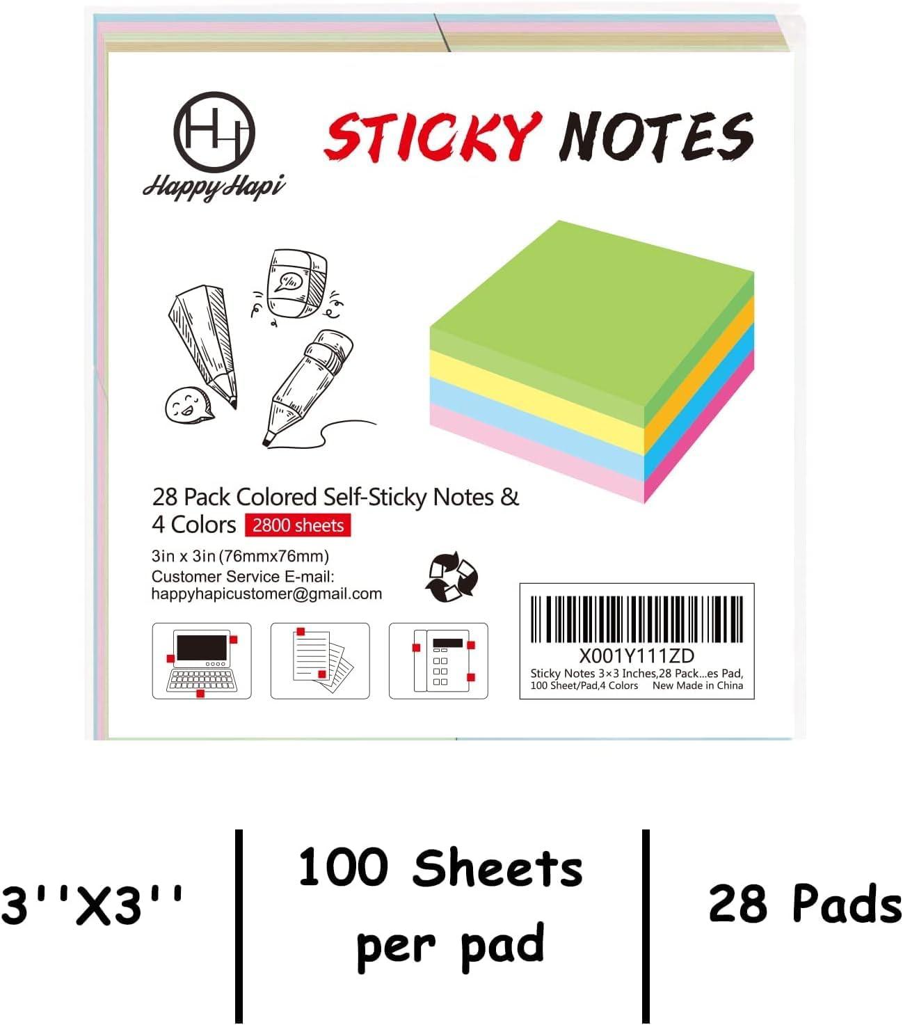 HappyHapi Sticky Notes 3x3 Inches Bulk 28 Pack 2800 Sheets Colored Self-Stick Pads, 100 Sheets/Pad, 4 Bright Colors (Yellow, Green, Pink, Blue) for Office Supplies, School, Home - Image 3