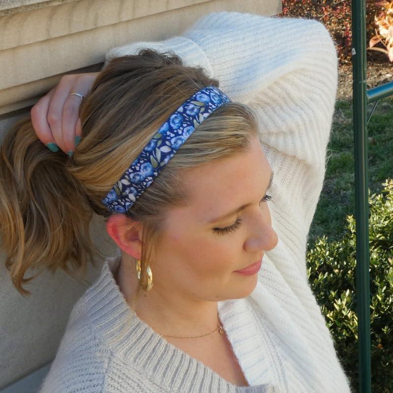 Sweaty Bands Womens Girls Headband for an Active Fitness Lifestyle - Sweat-Wicking Non-Slip Velvet-Lined Stylish Floral Fitness Hairband - No Rain No Flowers Blue 1-Inch - Image 3