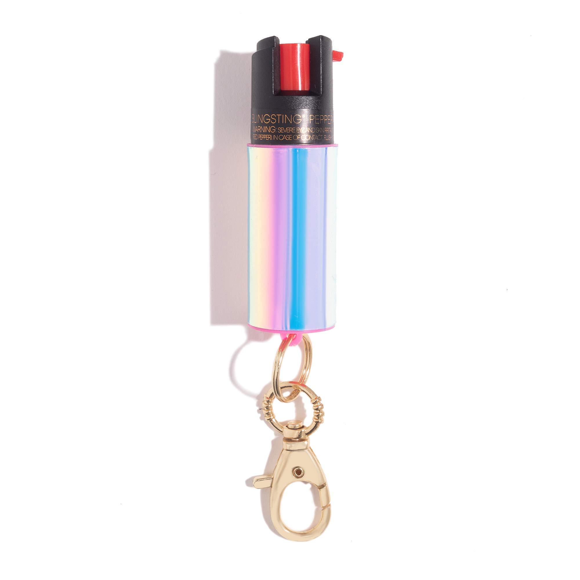 BLINGSTING Pepper Spray for Women - Maximum Strength OC Self Defense Spray - 12 ft Range - UV Marking Dye for Police ID - Swipe Safety Lock, Compact & Fashionable Keychain - Holographic