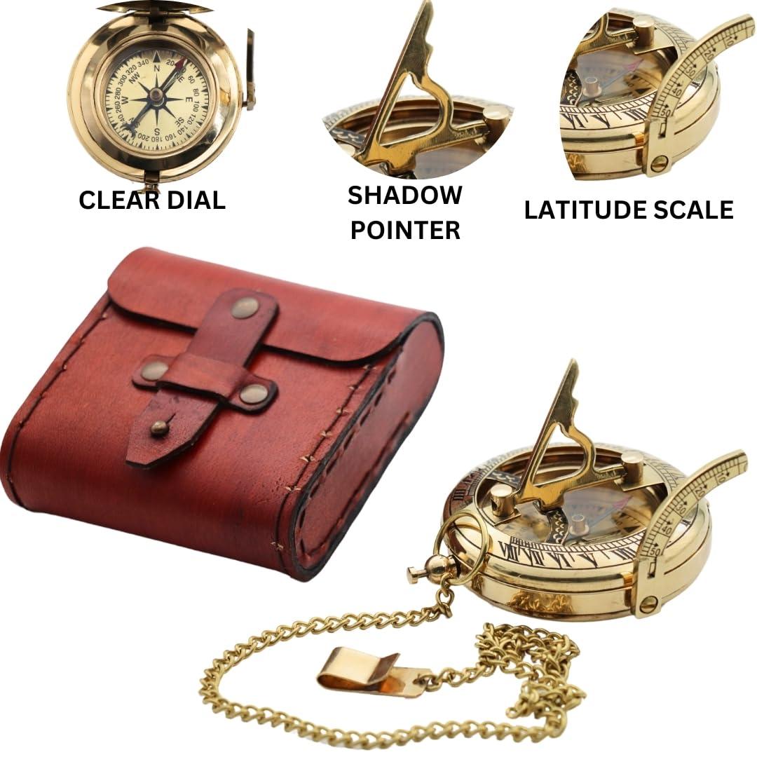 Vintage Brass Sundial Compass with Leather Case - Antique Brass & Copper Sun Clock for Camping, Hiking, Touring - Engraved Gift for Him - Nautical Ship Replica Watch - Sundial Clock in Box - Image 4