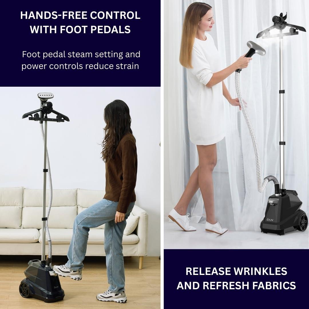 SALAV Heavy Duty Commercial Full-Size Garment Steamer with Foot Pedals and Extra Large 3L (101.5 oz) Water Tank, 1800 watts of Poweful Steam (Navy) - Image 5