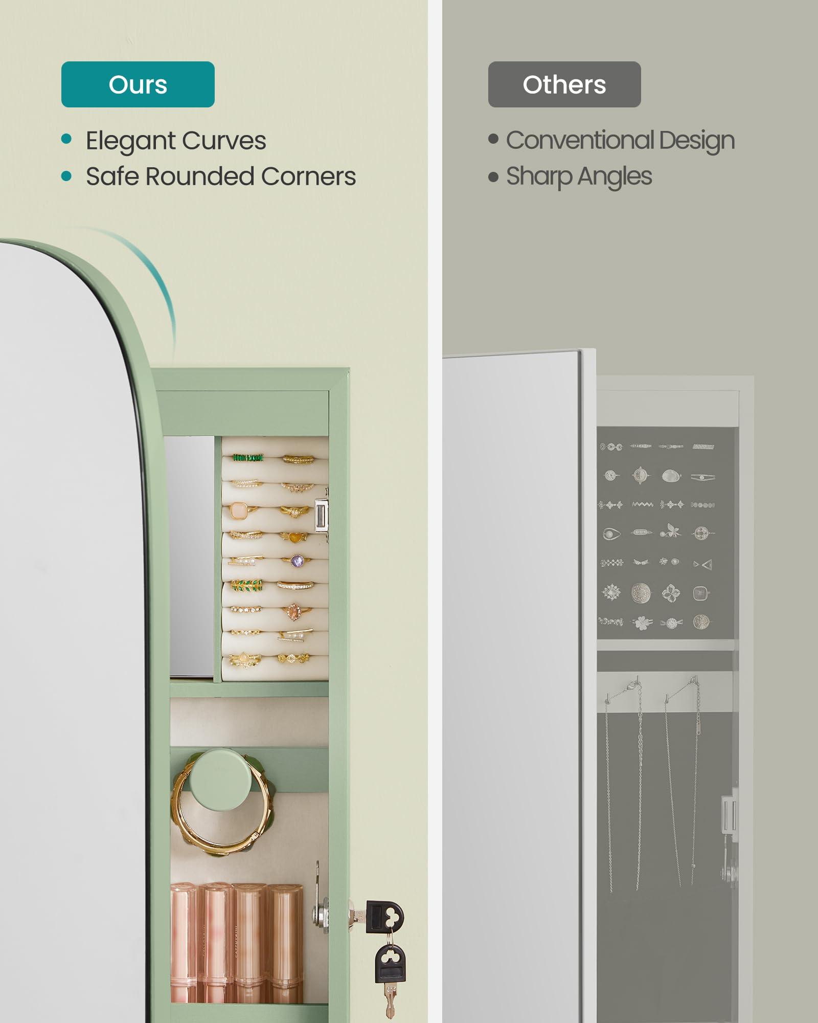 SONGMICS Jewelry Organizer, LED Jewelry Cabinet Wall/Door Mounted, Lockable Rounded Wide Mirror with Storage, Interior Mirror, 3.9 x 16.5 x 42.5 Inches, Laurel Green Surface with Cream White Lining - Image 4