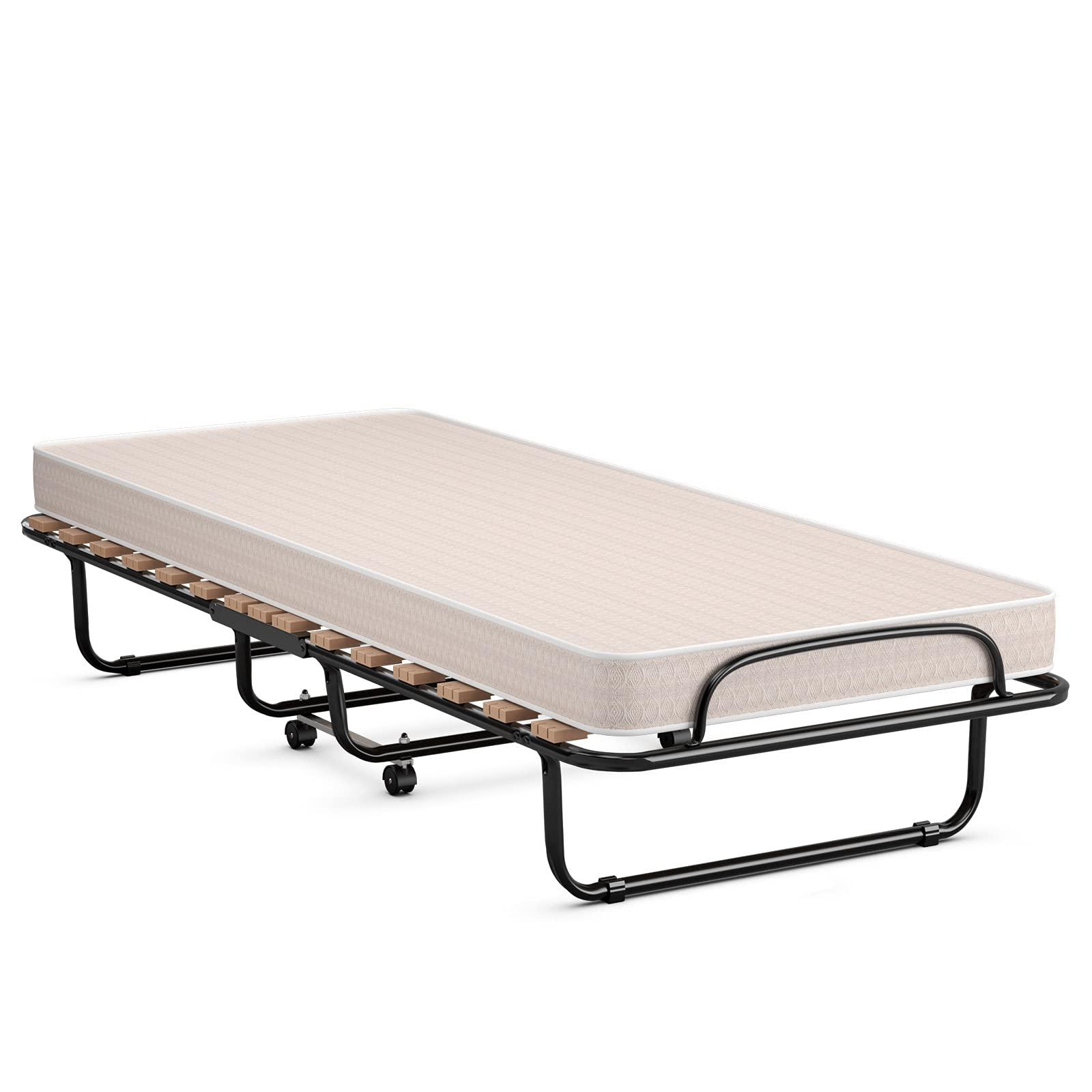 KOMFOTT Rollaway Bed with 4” Mattress, Folding Bed with Memory Foam Mattress for Adults, Portable Guest Bed with Sturdy Steel Frame, Made in Italy