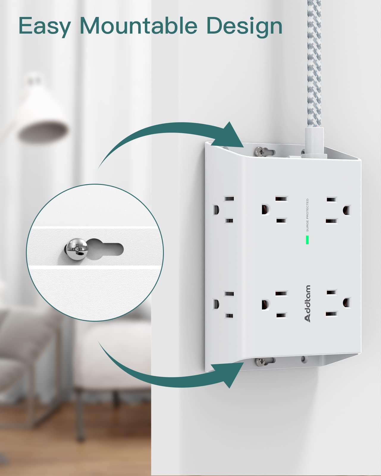 Surge Protector Power Strip - 8 Widely Outlets with 4 USB Ports(1 USB C Outlet), Addtam 3-Side Outlet Extender Strip with 5Ft Extension Cord, Flat Plug, Wall Mount for Dorm Home Office, ETL Listed - Image 6