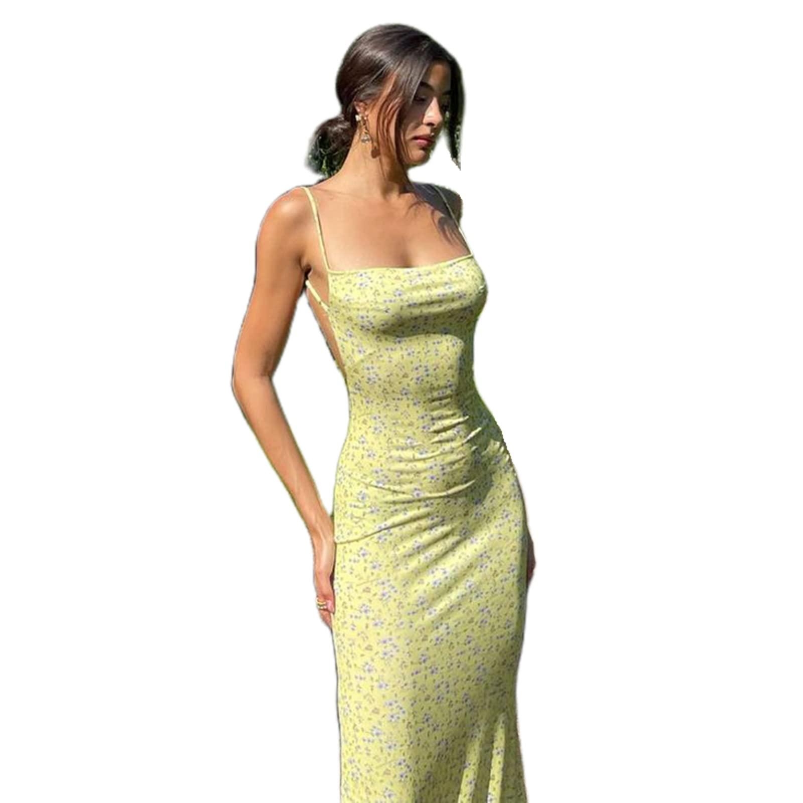 KMBANGI Women's Floral Orange Sleeveless Backless Maxi Dress - Plus Size, Ankle Length, Party Dress