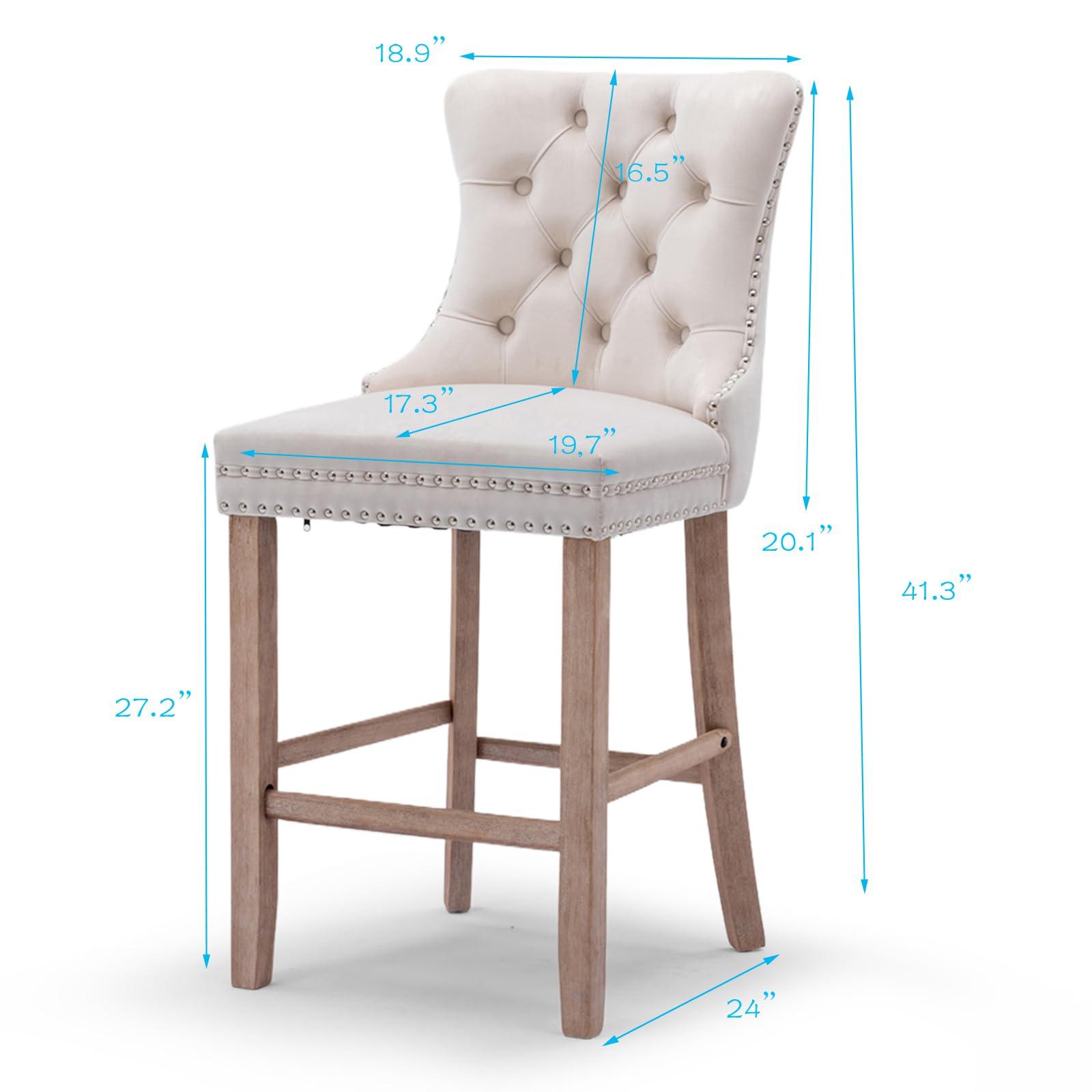 JETEAGO Bar Stools Set of 2, Velvet Upholstered Bar Stool for Kitchen Island, Counter Stools with Nailhead Trim, Beige - Image 3