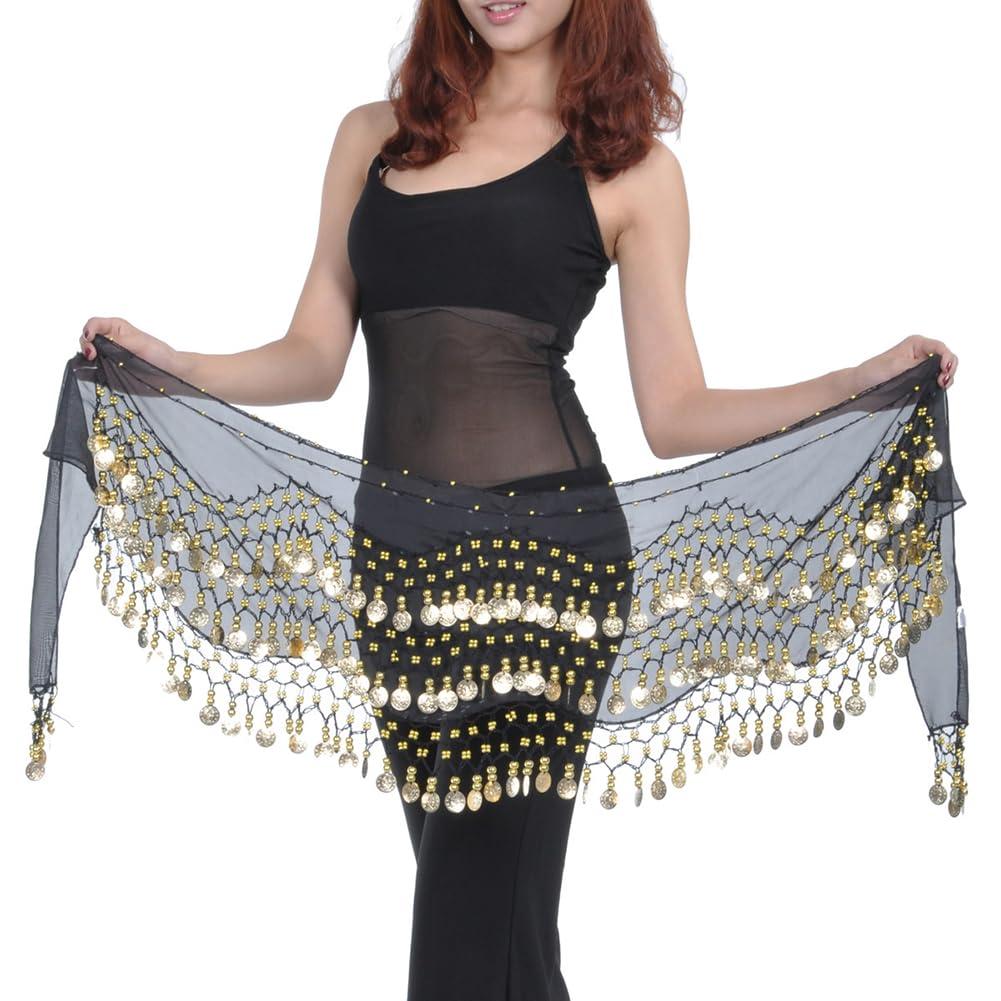 GSHLLO Sparkly Belly Dance Hip Scarf Chiffon Skirt Coin Dancing Skirt Bling Belly Dancer Costumes for Zumba Latin Black - Image 2