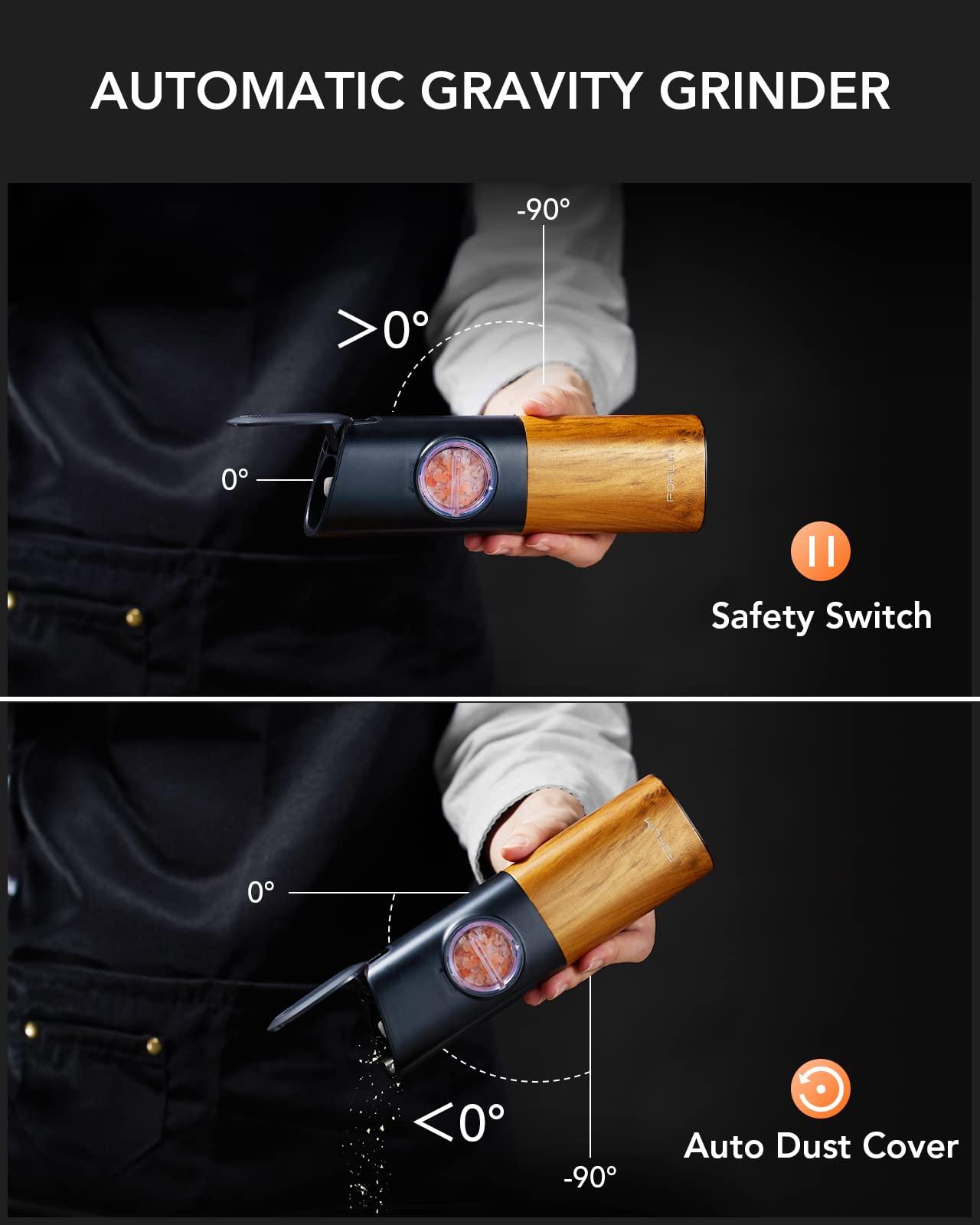 FORLIM Gravity Electric Salt and Pepper Grinder Set, Upgraded Large Capacity, USB Rechargeable Pepper grinder Automatic One Hand Operated, Adjustable Coarseness with LED Light（Natural Wood Grain） - Image 5