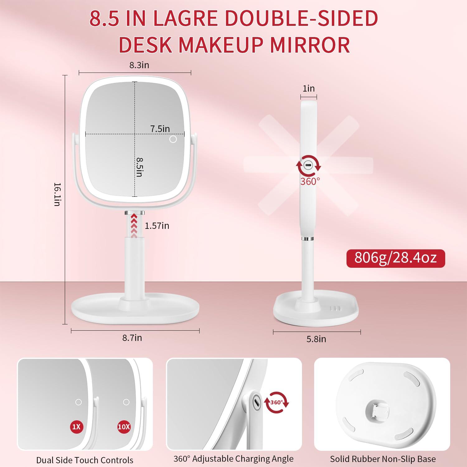 Lighted Makeup Mirror, 2600mAh Rechargeable 1x/10x Magnifying Vanity Mirror, 8.5" Height Adjustable Makeup Mirror with Lights 3 Color, 360° Rotation 2-Sided Light up Large Desk Mirror, Gifts for Women - Image 2