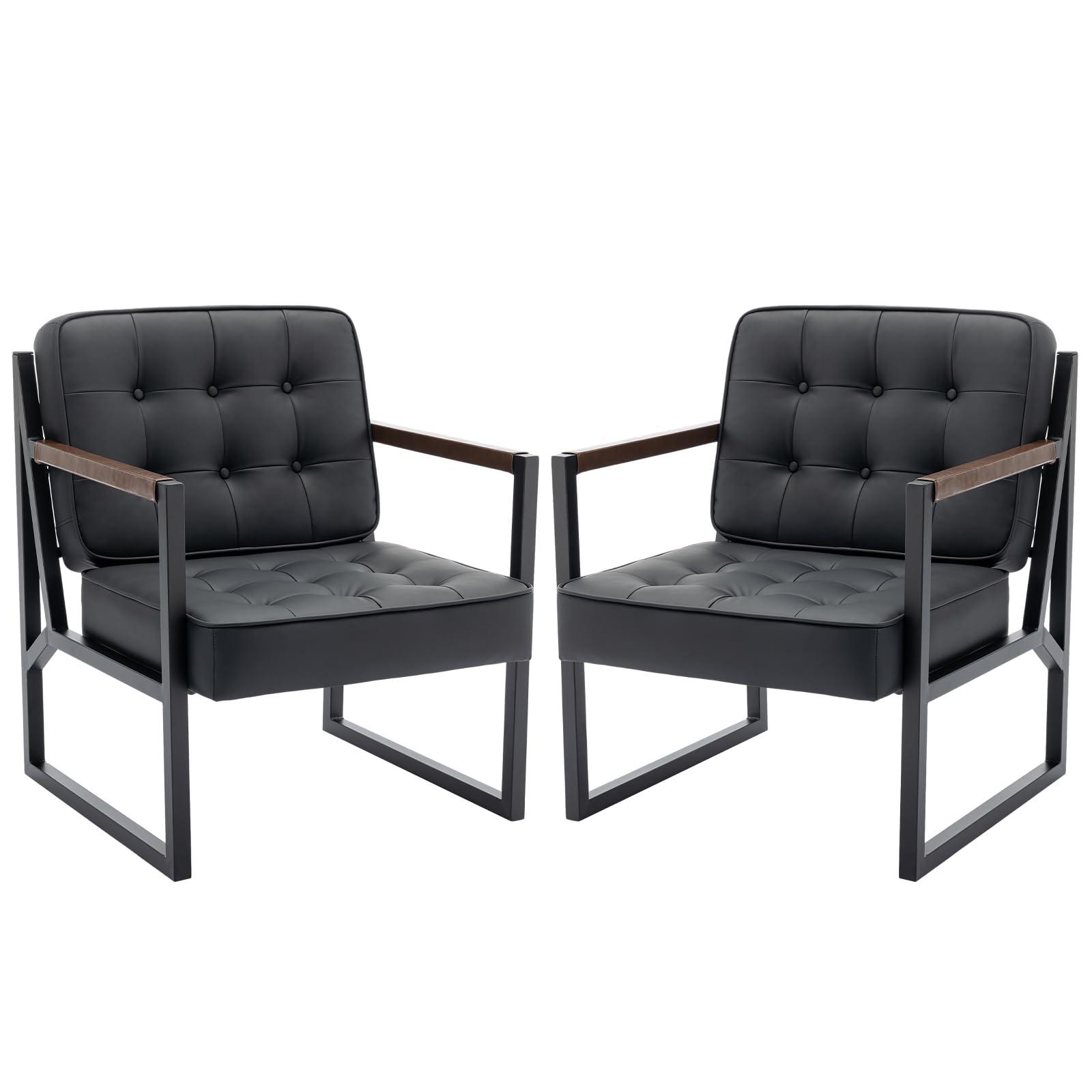 COLAMY Mid Century Modern Accent Chair Set of 2, Comfy Living Room Chair, Black Leather Accent Chair, Faux Leather Reception Armchair with Metal Legs for Living Room Bedroom Reception Office, Black - Image 9