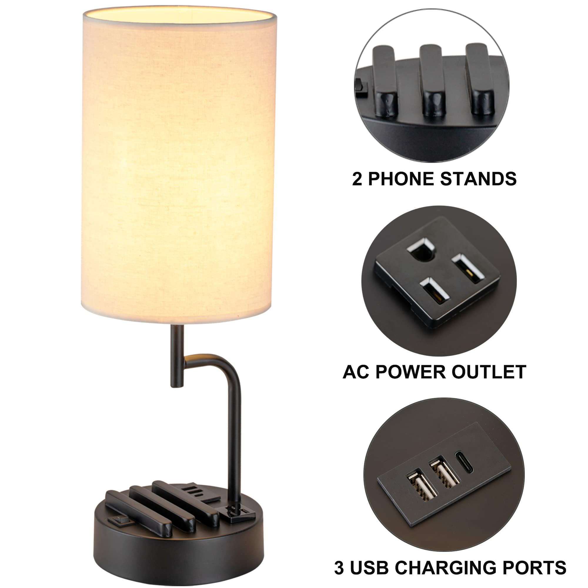 Dreamholder Table Lamp with 3 USB Charging Ports, Modern Desk Lamp with AC Outlet and Phone Stands, Perfect Bedside Lamp for Bedroom, Living Room, Office (Pack of 2), Cream - Image 2