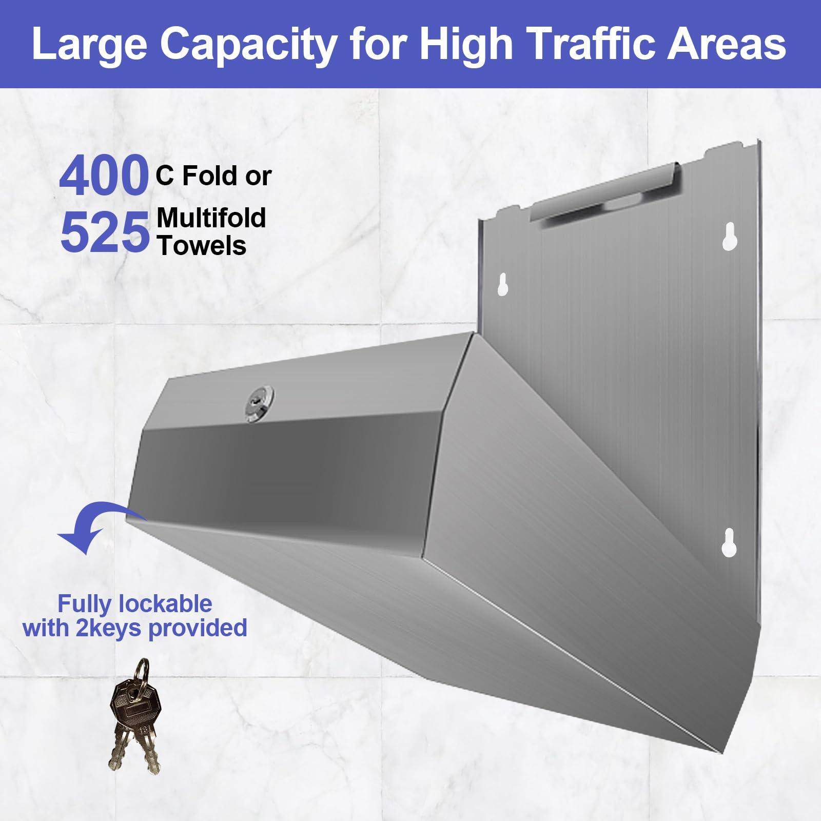 Stardrix Paper Towel Dispenser Wall Mount, Brushed Stainless Steel Commercial Paper Towel Holder with Lock, Large Capacity 400 C Fold/525 Multifold Towels - Image 2