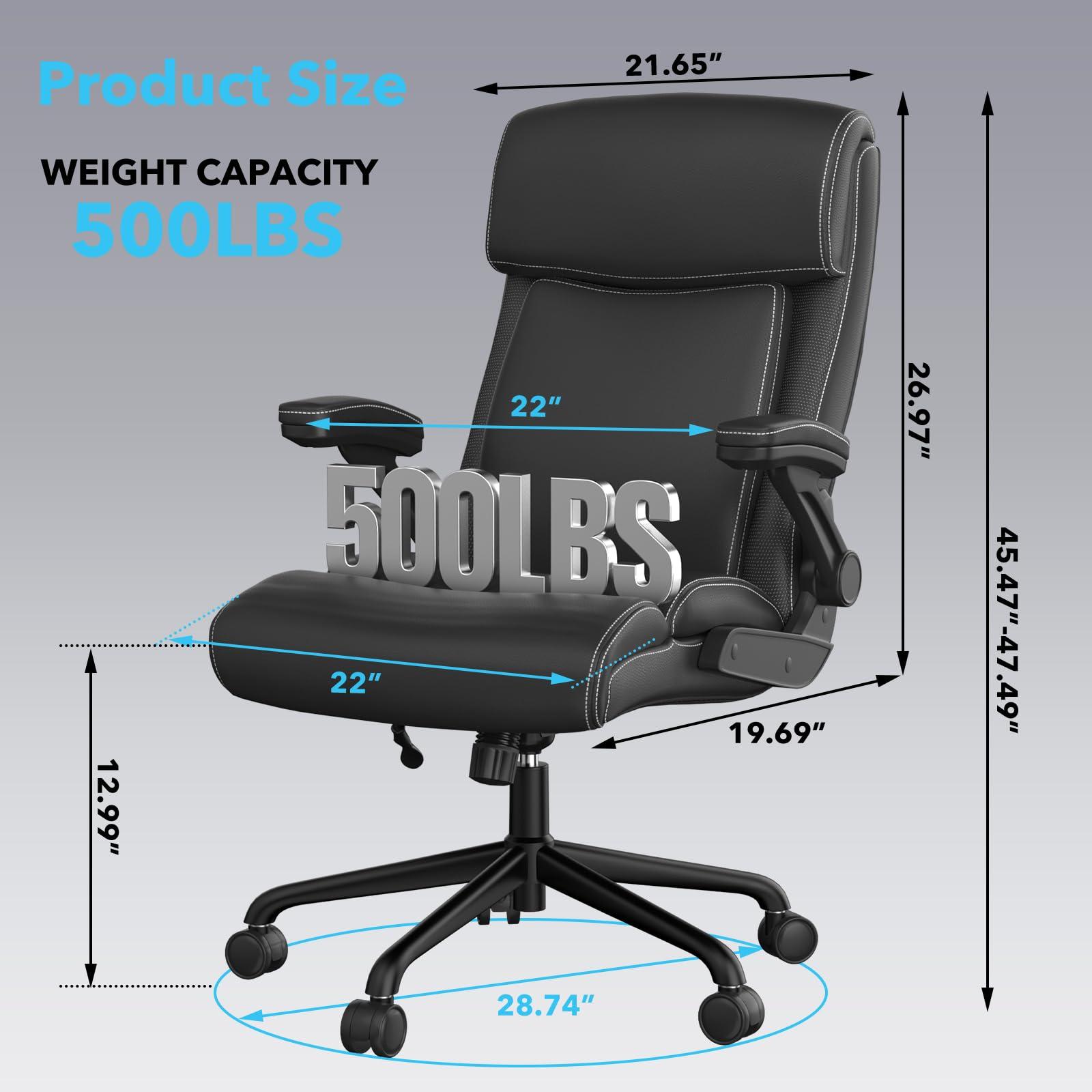 ralex-chair Big and Tall Office Chair, 500lbs for Heavy People, High Back Leather Executive Desk Chair with Flip-up Armrests and Adjustable Height (Black) - Image 3