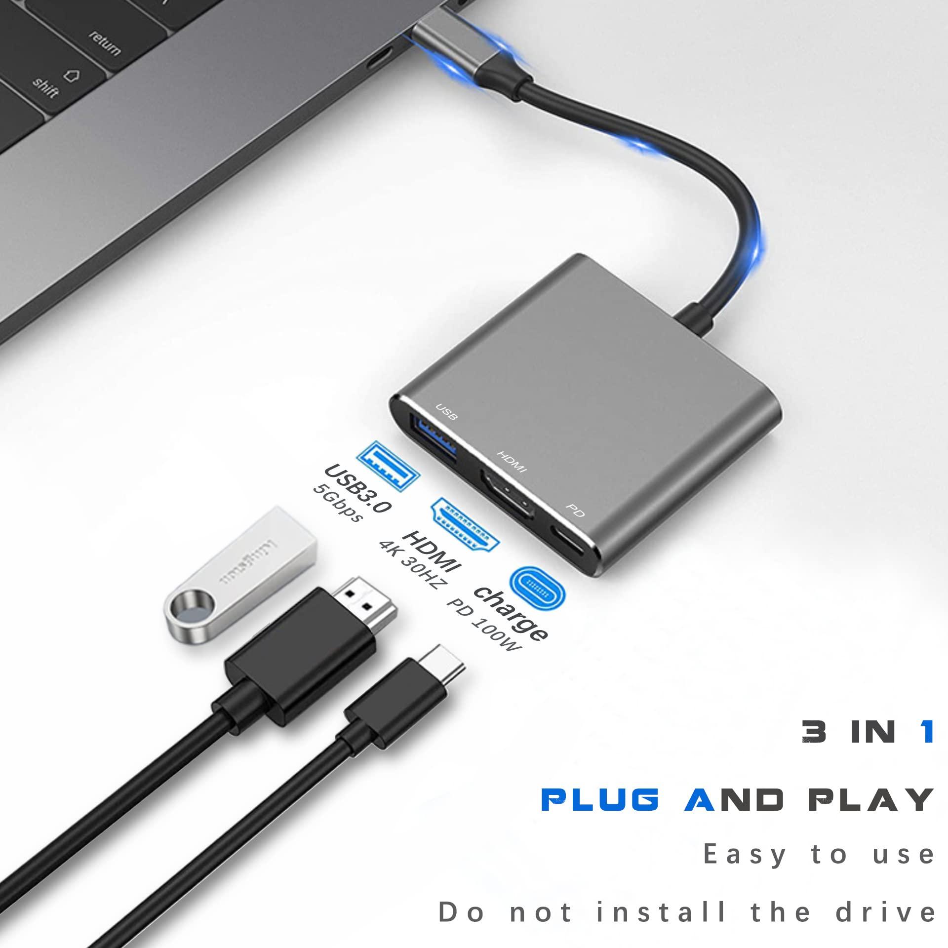 USB C to HDMI Multiport Adapter Cable with Charging Port, USBC HDMI Adapter Converter for Mac iPad pro MacBook, 4K HDMI to USB C Hub Adapter for Monitor Laptop, USB-C to USB 3.0 Adapter 10Gbps Dongle - Image 2