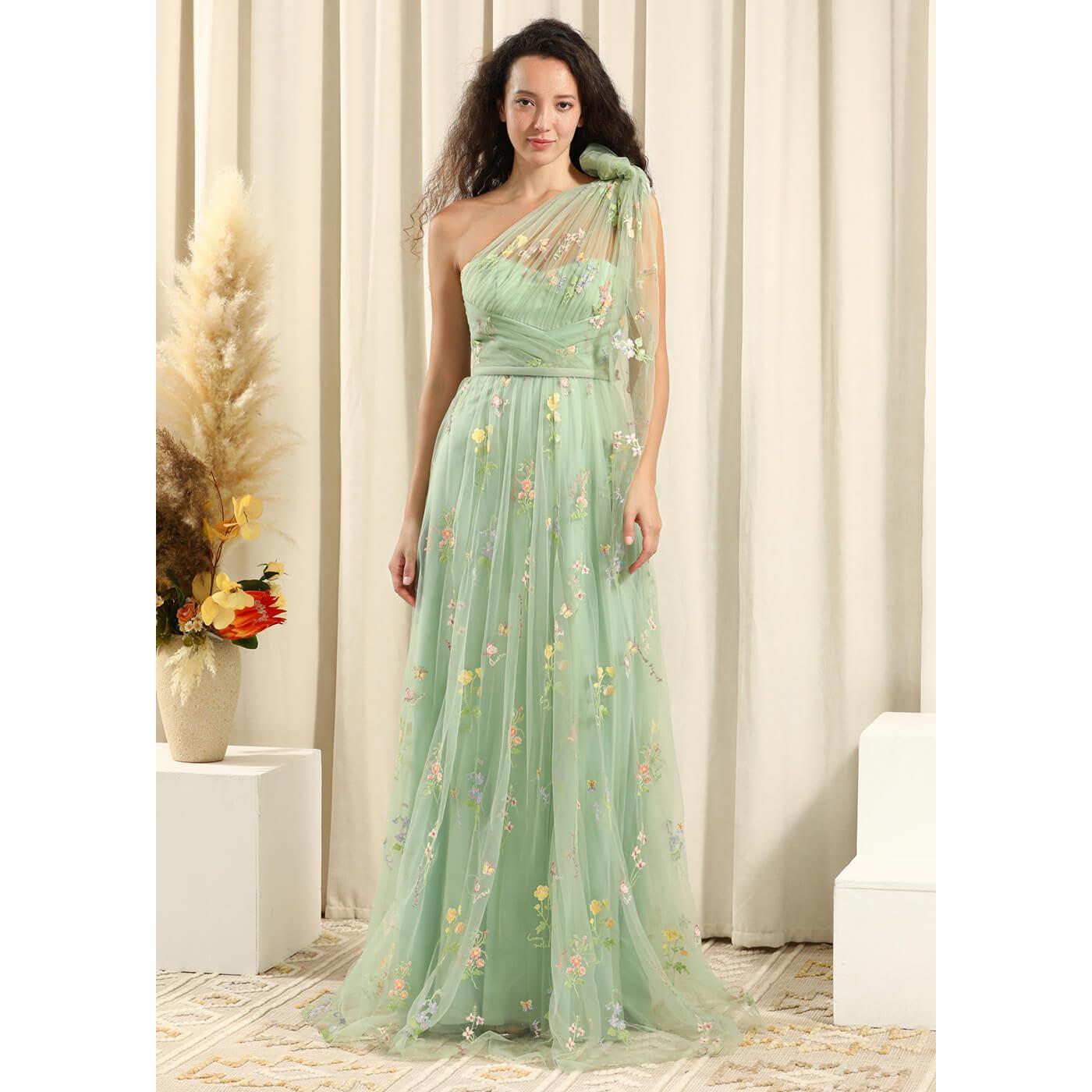 Floral Embroidery Prom Dresses with Pleats Long One Shoulder Spring Tulle Formal Party Dress for Women - Image 3