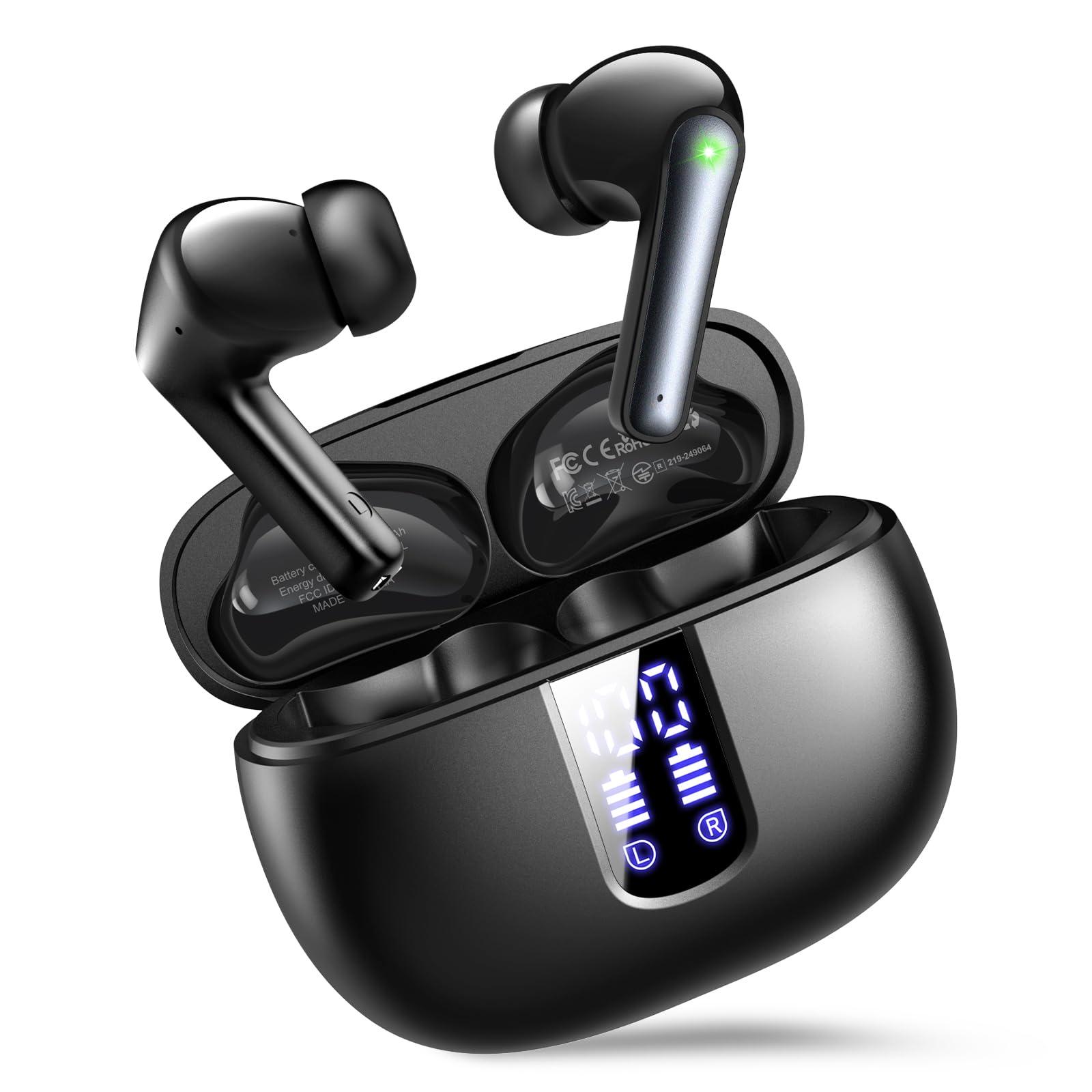 Ear Buds Wireless Earbuds - Bluetooth 5.3 Headphones (48H Playback) Built in Mic with LED Display Charging Case, IP7 Waterproof Earphone for iPhone Andriod Phones Laptop Sports Workout - Black