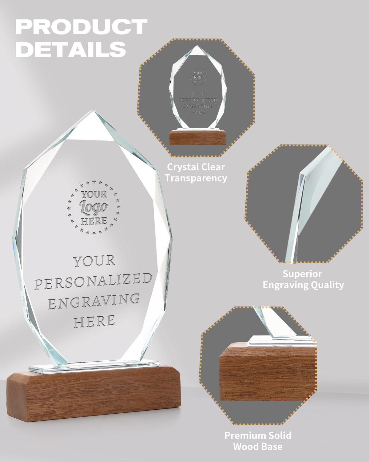ZALHIN Personalized Crystal Trophy Award with Solid Wood Base - Custom Engraved Plaques for Employee Recognition, Sports Trophies, Thanks Gifts - Image 4
