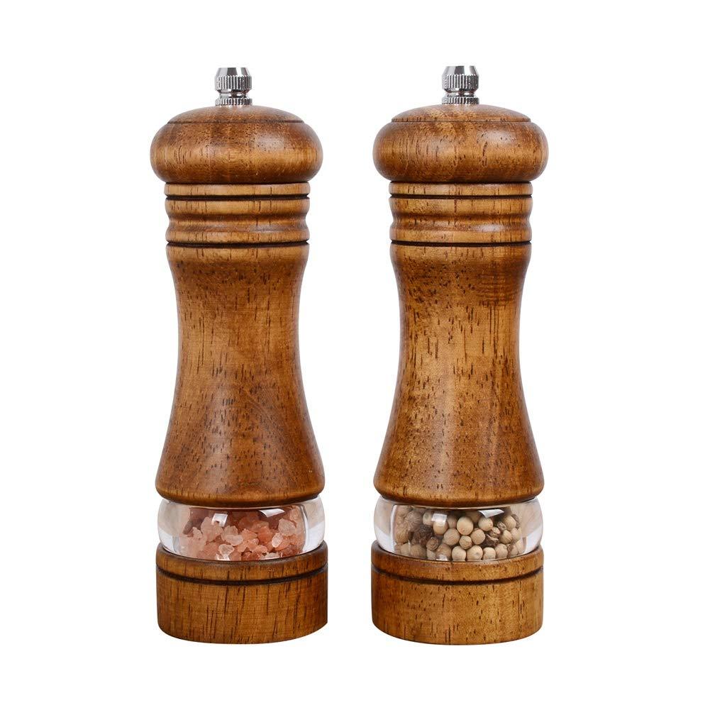 Haomacro Wood Salt and Pepper Grinder Set, Manual Mills with Acrylic Window, Adjustable Ceramic Grinding - 6.5inch, 2 Pack - Image 1