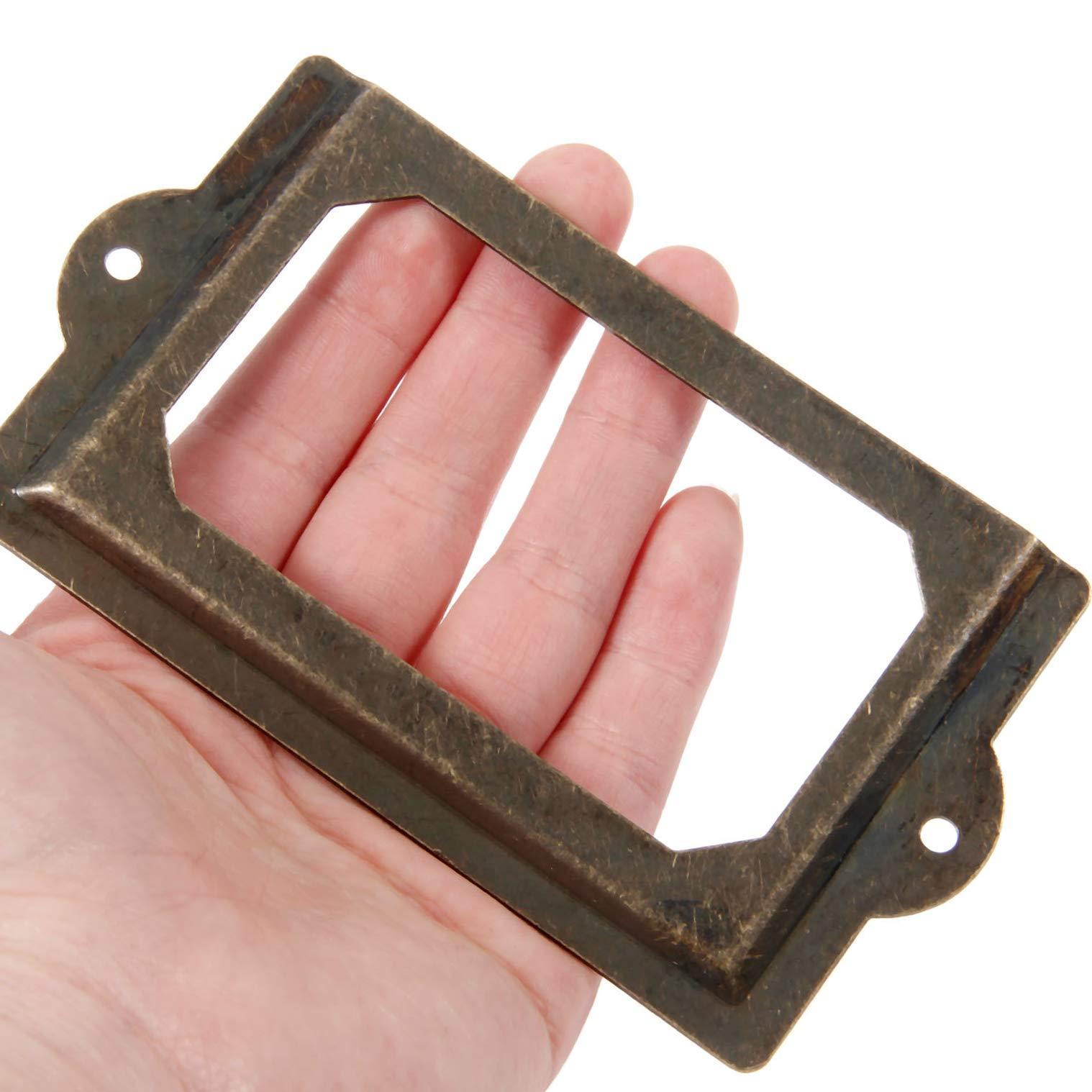4 PCS Antique Tag Label Frames File Name Card Holder Bronze Drawer Pull Labels Holders for Office File Case Library Drawer Medicine Cabinet Apothecary Furniture (Length:5", Height:2-3/4")