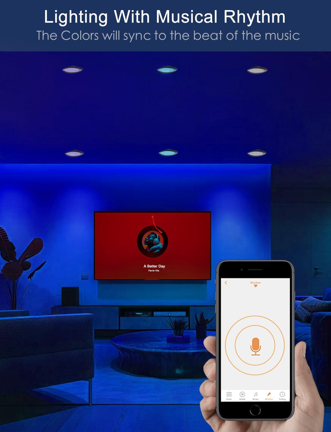 ILC 6 inch led recessed Light, Work with Alexa (Hub Required), App Controlled, RGB Color Changing, 16 Million Colors, CCT: 2700K-6000K, 14W, 120W Equivatlent, 1400LM, CRI 90, Bluetooth Mesh, 6 Packs - Image 9