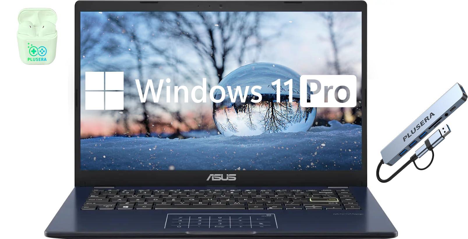 ASUS 14" FHD Laptop Computer, 4-Core Intel Pentium, Windows 11 Pro with Microsoft Office Lifetime Suite, 4GB RAM 576GB Storage (256GB SSD + 256GB Docking Station +64GB eMMC), PLUSERA Earphones, Black