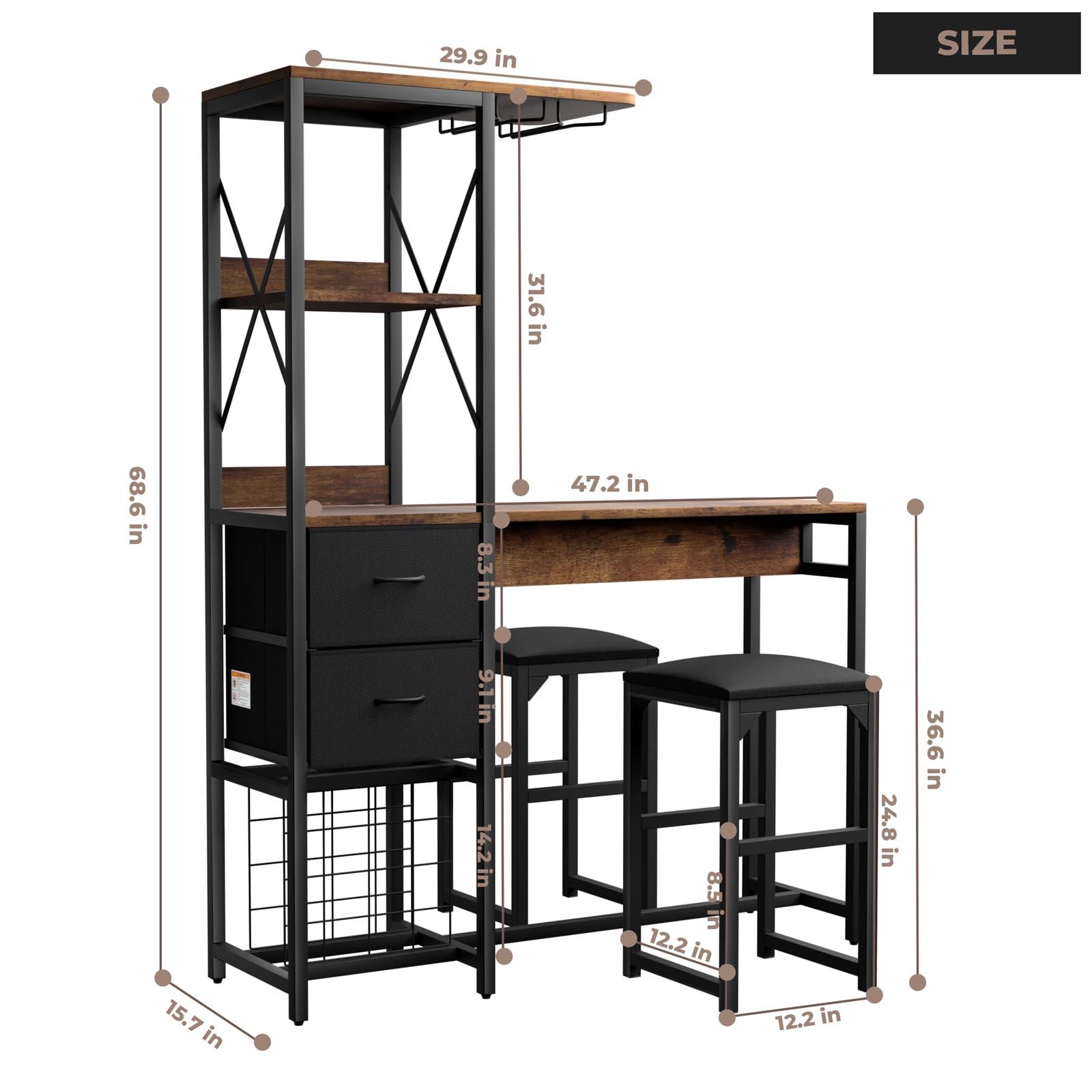 6-Tier Bar Table and Chairs Set, Metal Coffee Bar with Storage Shelves And 2 fabric Drawers, Dining Table Cup Holder & Wine Rack, Kitchen Table Set with PU Leather Cushion Stools for Small Space - Image 7