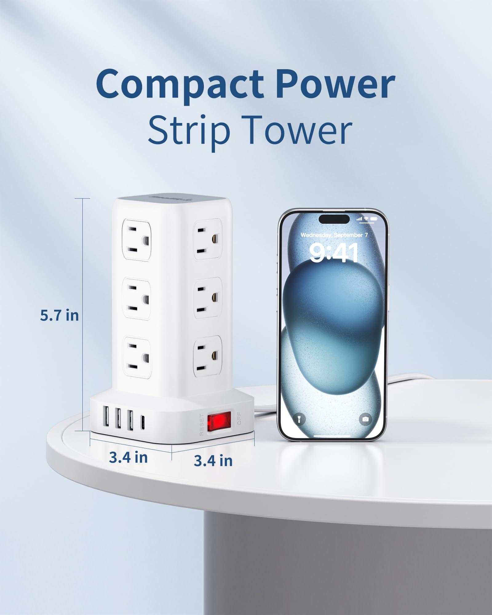 Power Strip Tower, 6.5 Ft Flat Plug Extension Cord, 16 IN 1 Power Bars with Surge Protector, Power Tower Bar with 12 AC Multiple Outlets 4 USB (1 USB C),for Home Office Desk - Image 6