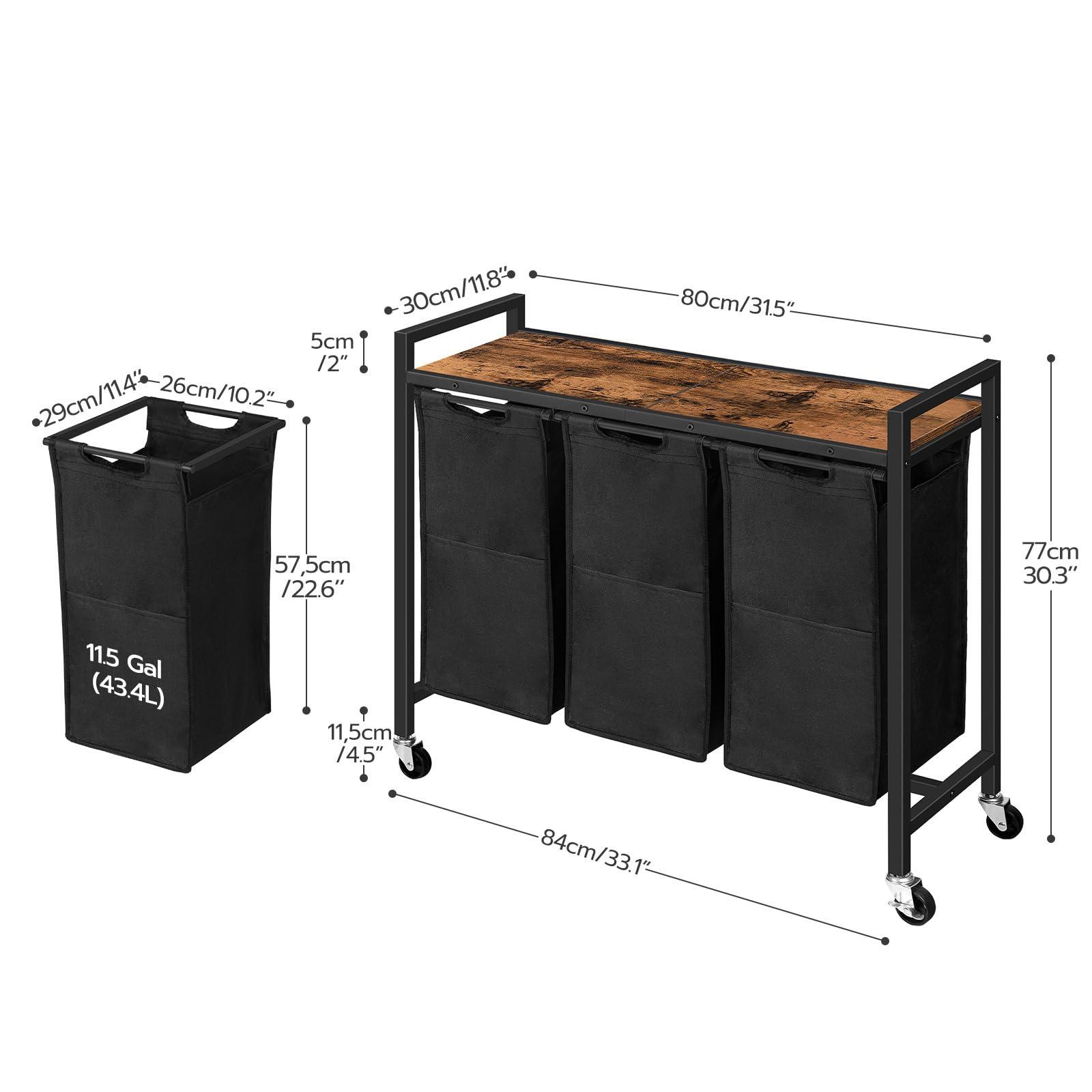 HOOBRO Laundry Sorter 3 Section, Laundry Hamper with Wheels, 3 × 11.5 Gal (43.5 L), Rolling Laundry Basket, Pull-Out and Removable Oxford Fabric Laundry Bags, Rustic Brown and Black BF76XY01 - Image 2