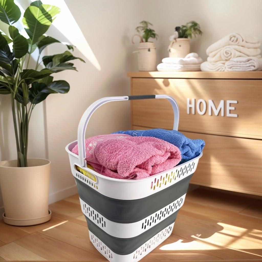 SAMMART 40L (10.5 Gallon) Collapsible Plastic Laundry Basket with Handles - Foldable Pop Up Storage Container/Organizer - Portable Laundry Hamper - Space Saving (1, White/Steel Grey) - Image 5