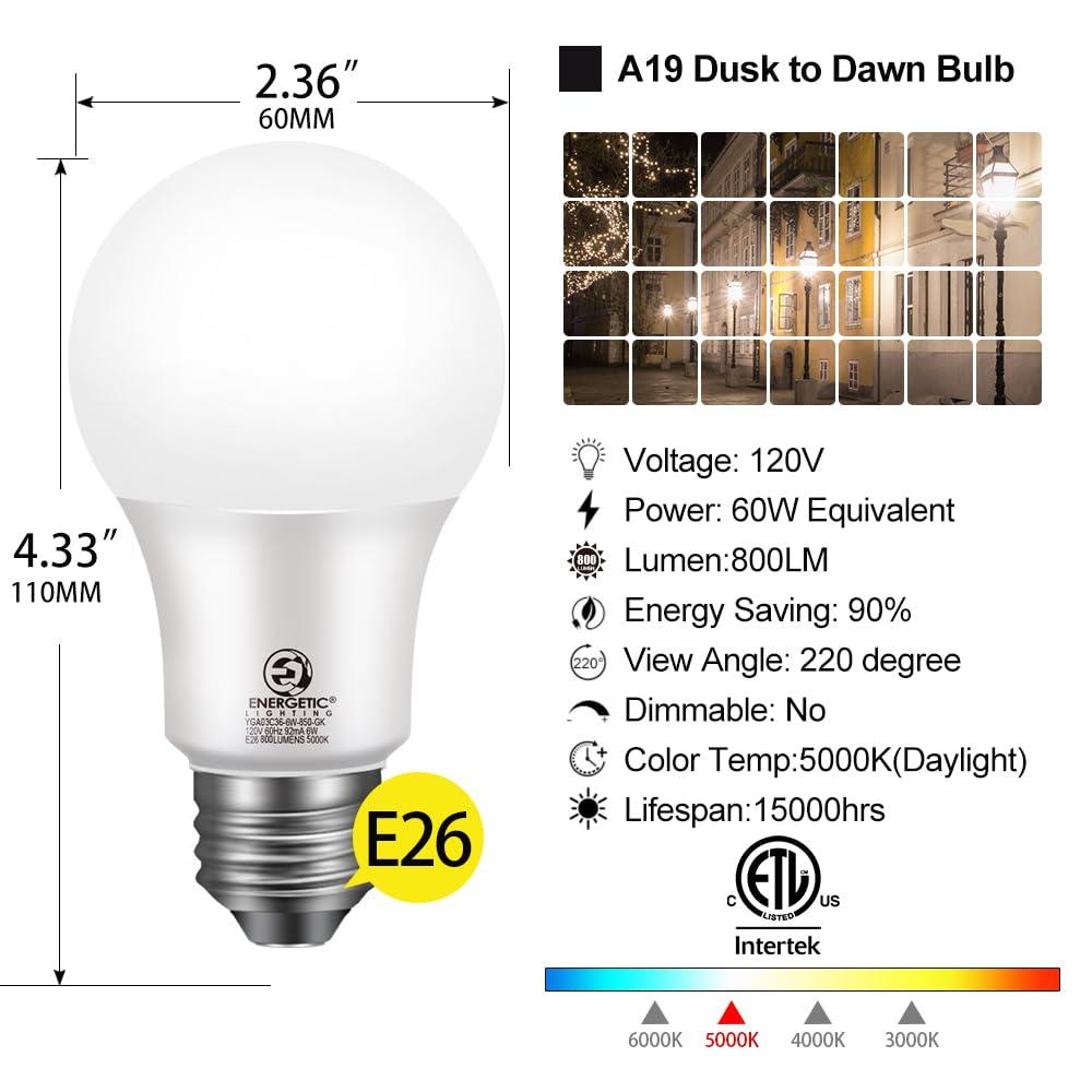 Energetic 4-Pack Dusk to Dawn LED Outdoor Light Bulb, 60 Watt Equivalent(6W), 800LM, Daylight 5000K, E26 Base, Automatic On/Off Sensor Light Bulb for Porch, Hallway, Garage, ETL Listed - Image 2