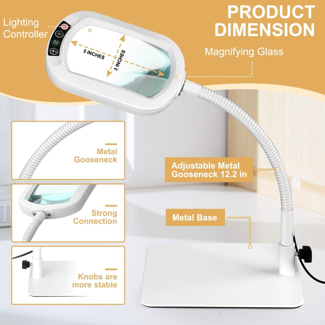 Veemagni 10X Rectangle Magnifying Glass with Light and Stand, Flexible Gooseneck LED Lighted Desk Lamp, 5 Color Modes Stepless Dimmable, Hands Free Magnifier for Reading Painting Close Work - White - Image 6