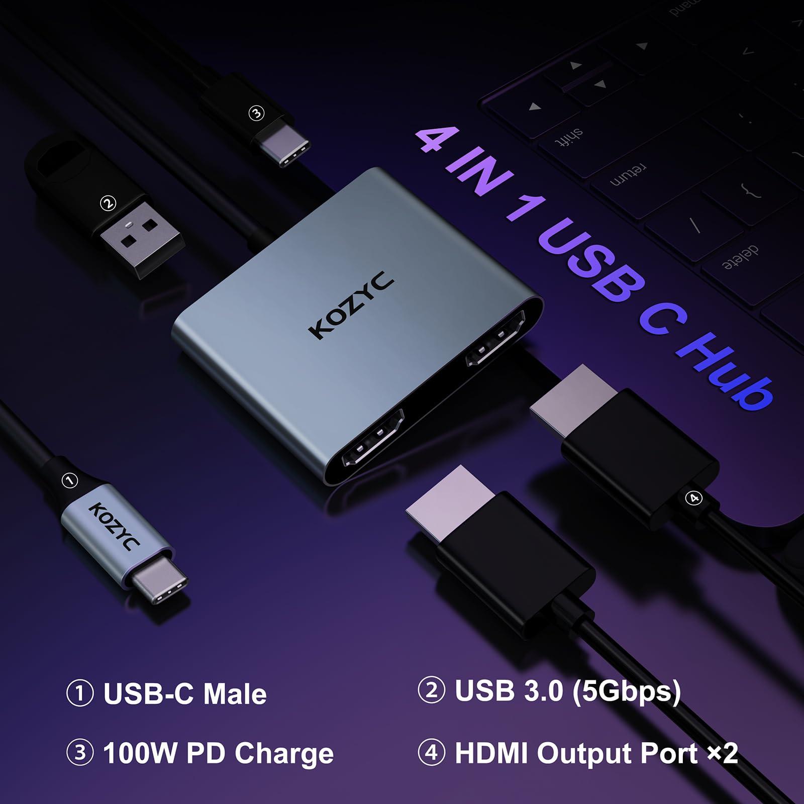 USB C to Dual HDMI Adapter 4K@30Hz, KOZYC USB C Hub Multiport Adapter with 2xHDMI, USB 3.0, 100W PD, Support USB C to HDMI Splitter Extended Display for MacBook Pro (MST is not Supported on MacOS) - Image 2