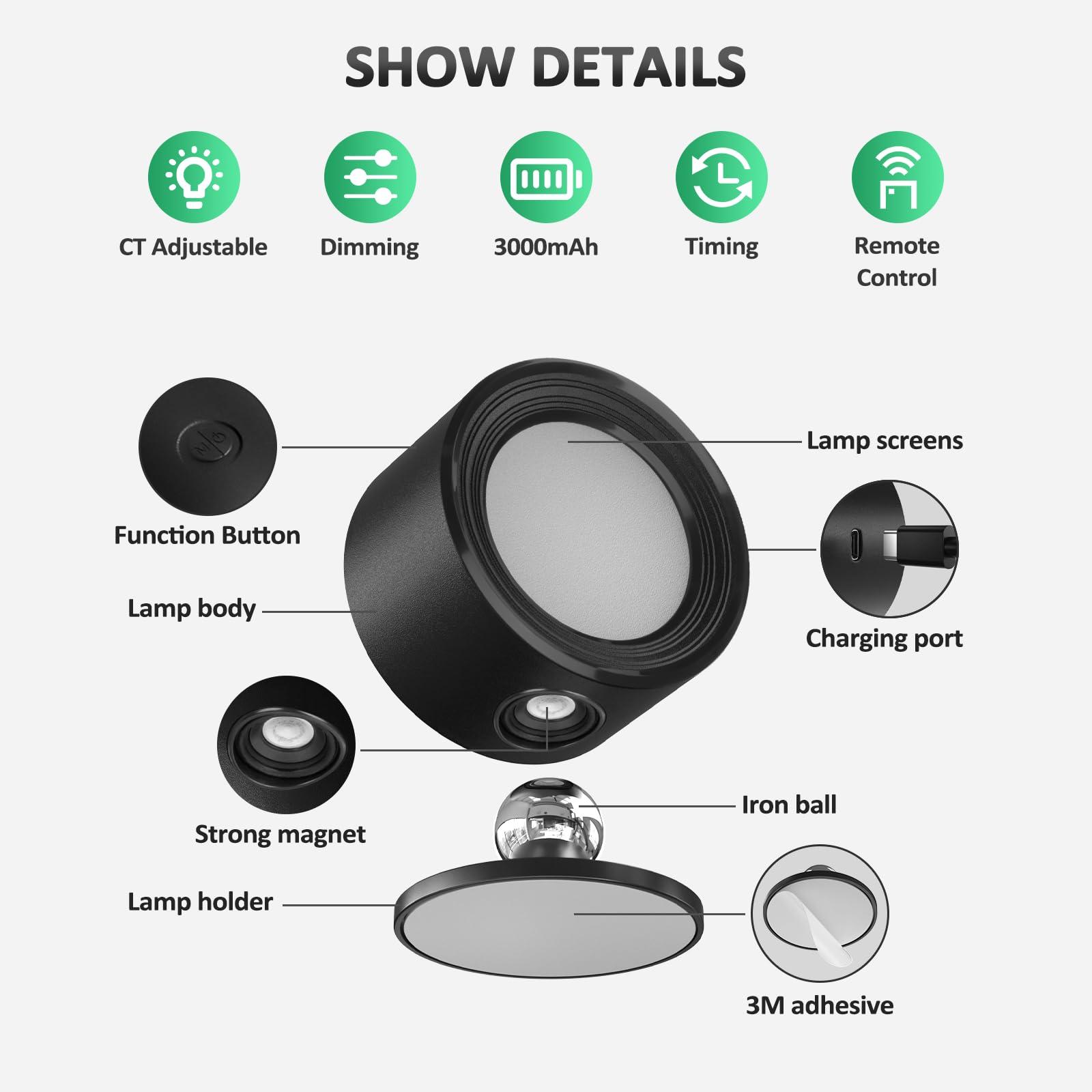 Lightbiz LED Wall Mounted Lights 2 Pcs with Remote, Wall Sconces Lamp 3000mAh Rechargeable Battery Operated, 3 Color Temperatures & Dimmable Magnetic 360° Rotation Cordless Light for Bedroom Bedside - Image 6