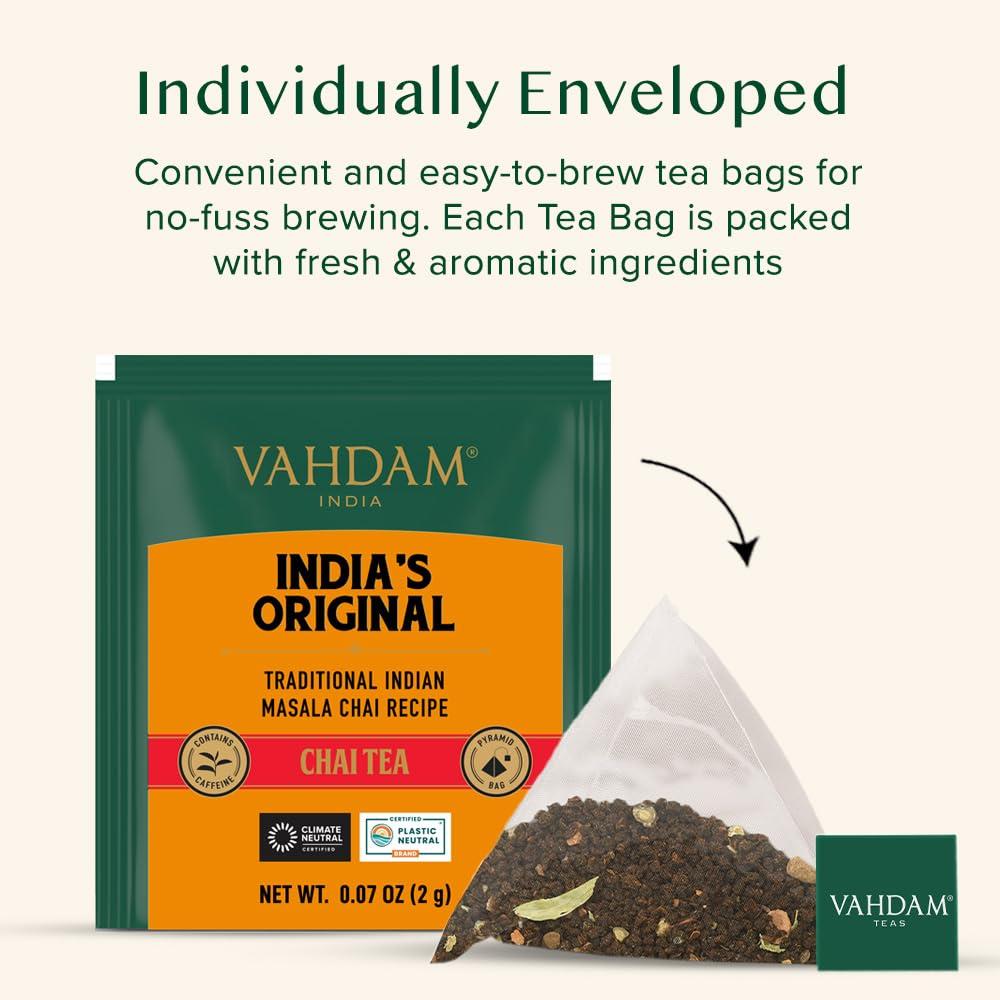 VAHDAM, India's Original Masala Chai Tea Bags (15 Count) Non GMO, Gluten Free, No Added Flavoring | Blended w/Savory Exotic Spices | Individually Wrapped Pyramid Tea Bags | Direct from Source - Image 6