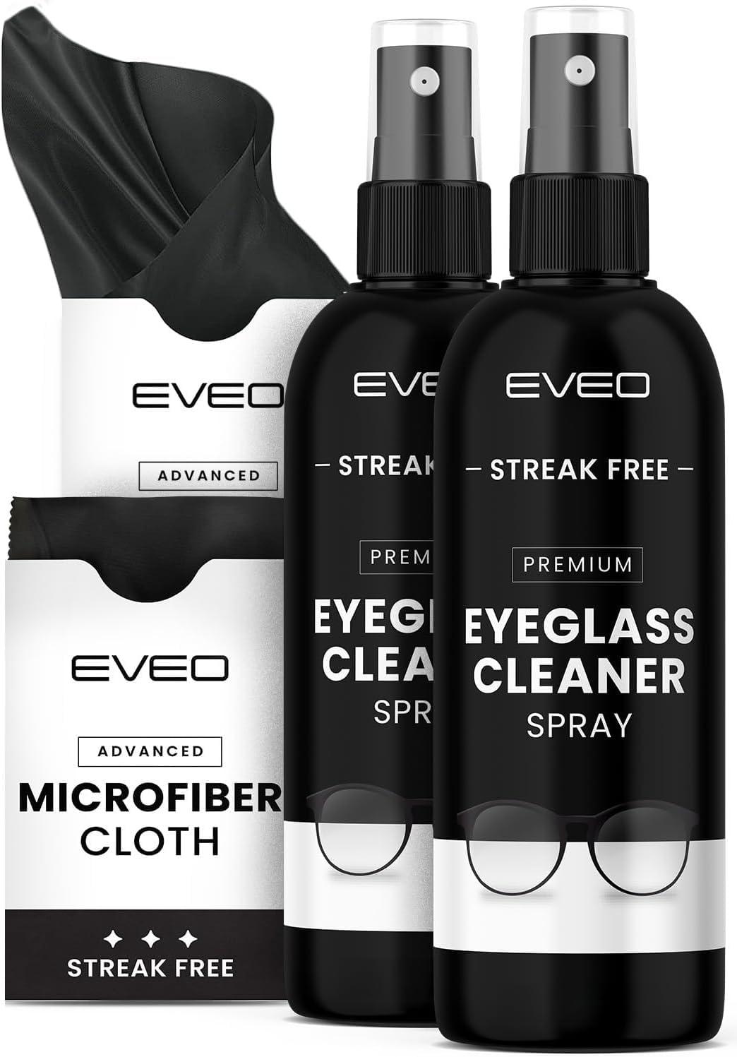 EVEO Eyeglass Cleaner Spray - Glasses Cleaner No Streaks Technology & Microfiber Cleaning Cloth - Glasses Cleaning Kit, Eye Glass Cleaners Spray Lens Cleaner - Screen & Eye Glasses Kit - 2 Pack