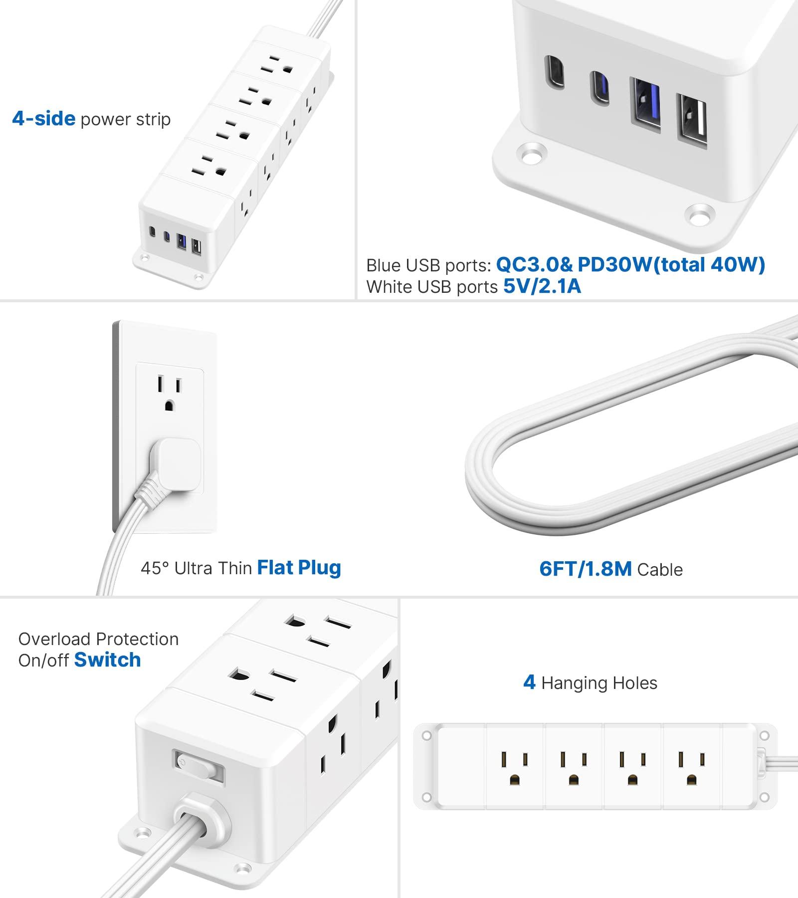 30W USB C Power Strip Surge Protector,Ultra Thin Flat Plug Power Strip 4 Side 12 Outlets,PD Fast Charing,2 USB-C, 2 USB-A(4 USB Total 40W),6ft Slim Extension Cord,16 in 1 Desk Power Bar,1200J White - Image 8