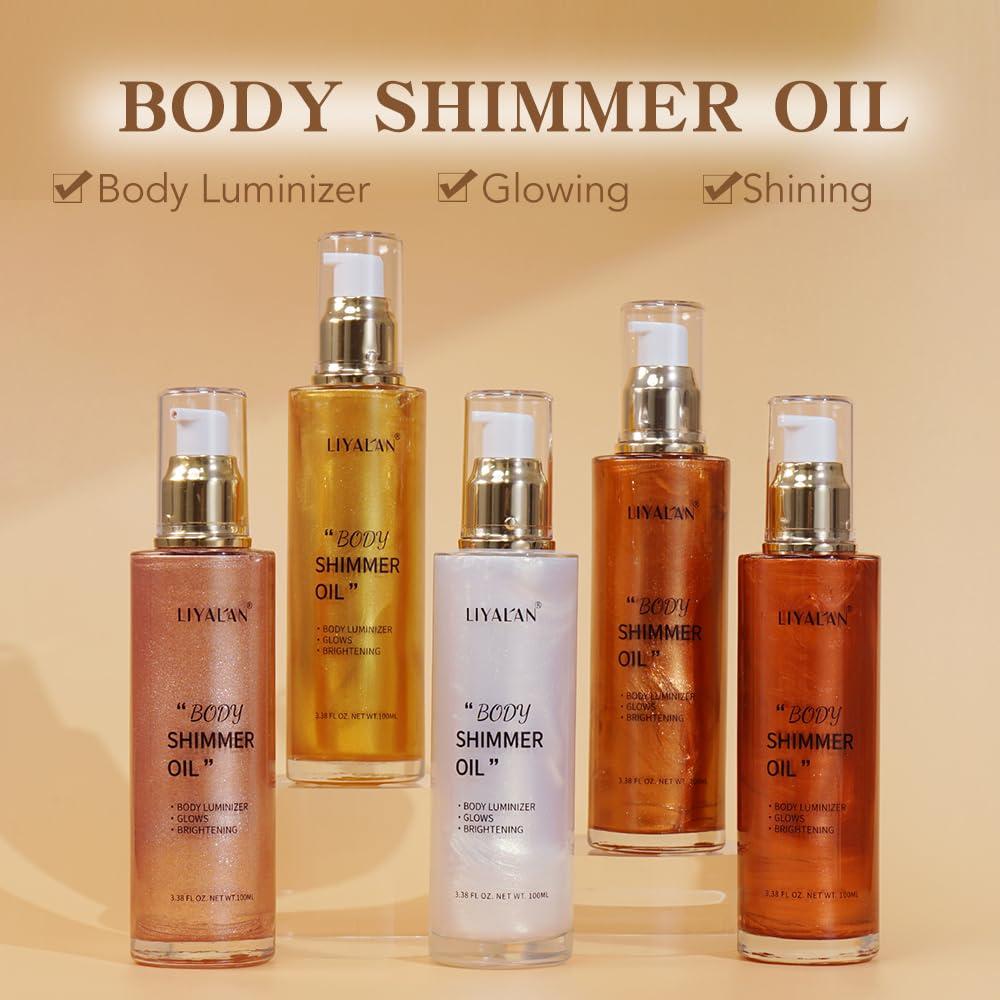 Liyalan Shimmer Body Oil Bronze Gold 5 Color Bronze 3.38 Fl Oz Face Glow Pearl Highlighter Illuminator body Makeup Shine Glitter Gold Liquid Taning - Image 2