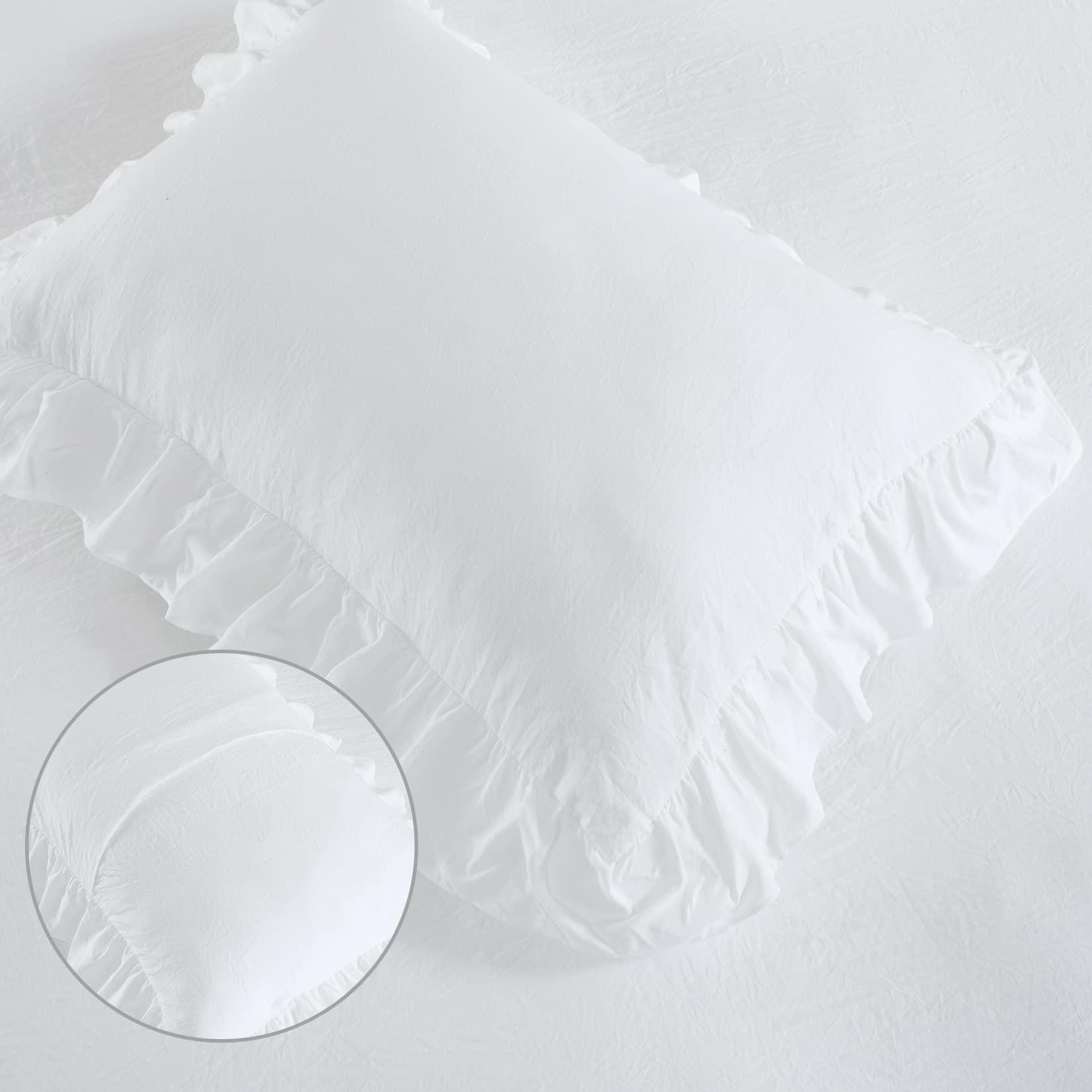 CAROMIO White Ruffle Duvet Cover Queen Size, 3PCS Soft Washed Microfiber Vintage French Country Duvet Cover Set for Queen Bed, White, 90x90 in - Image 6