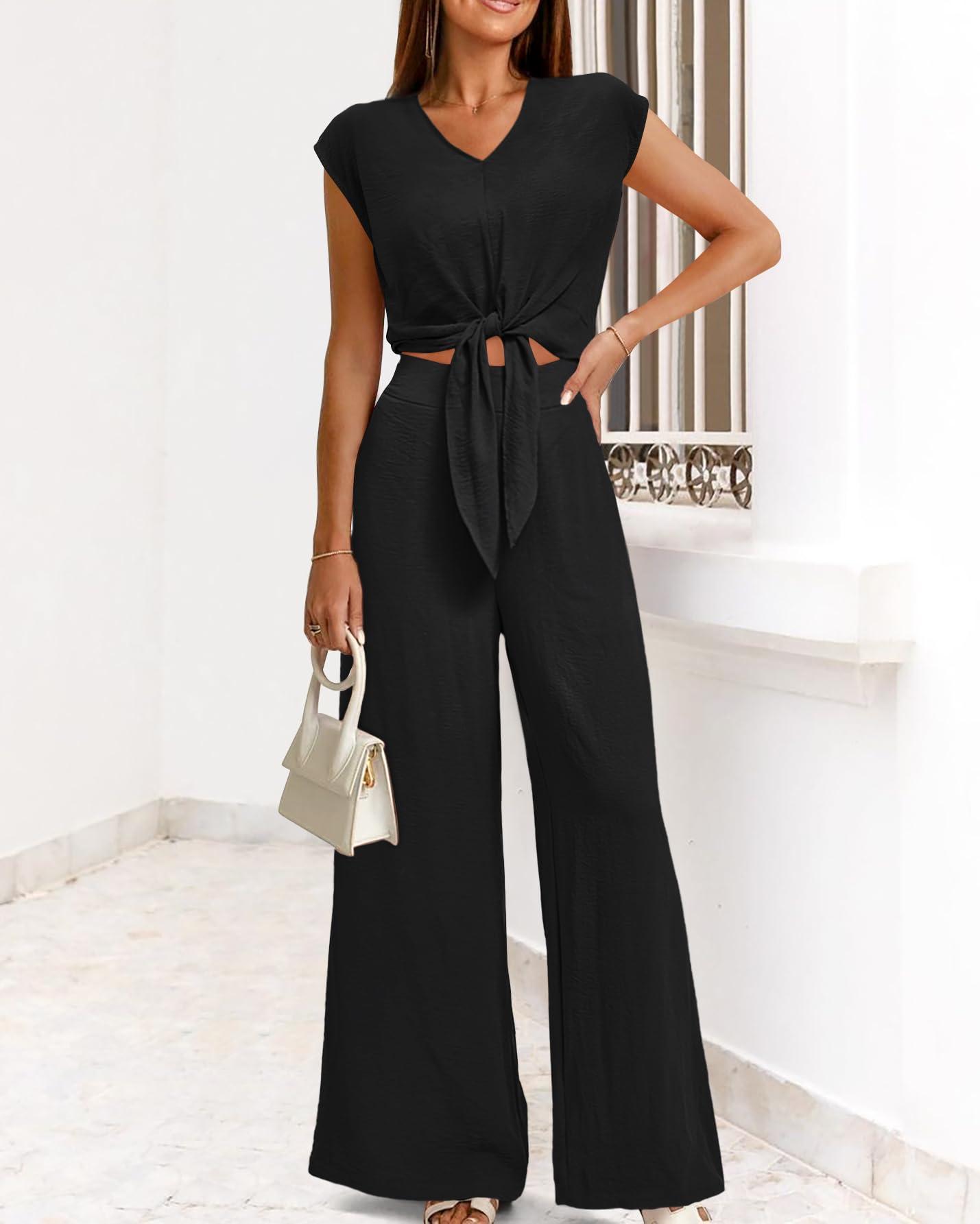 PRETTYGARDEN Women's Summer 2 Piece Outfits 2025 Cap Sleeve V Neck Belted Crop Tops Wide Leg Pant Sets Casual Tracksuit - Image 7