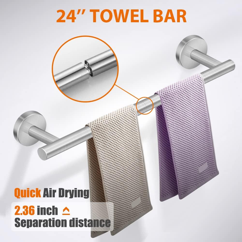 Tudoccy 5-Pieces Bathroom Hardware Set Brushed Nickel SUS304 Stainless Steel Round Wall Mounted - Includes 24" Hand Towel Bar, Toilet Paper Holder, 3 Robe Towel Hooks, Bathroom Accessories Kit - Image 4