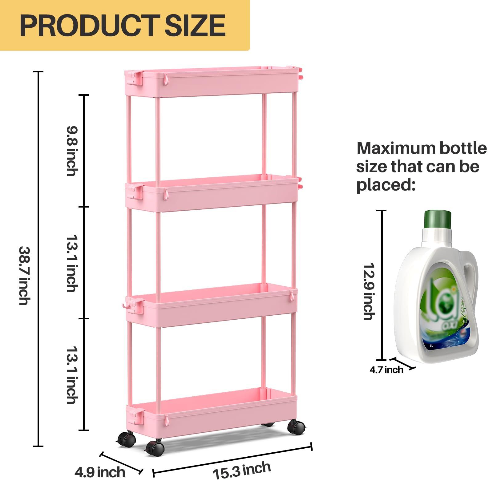 SPACEKEEPER Slim Rolling Storage Cart 4 Tier Bathroom Organizer Utility Cart Mobile Shelving Unit Tower Rack for Kitchen, Laundry Room, Bathroom, Narrow Places, Pink - Image 3