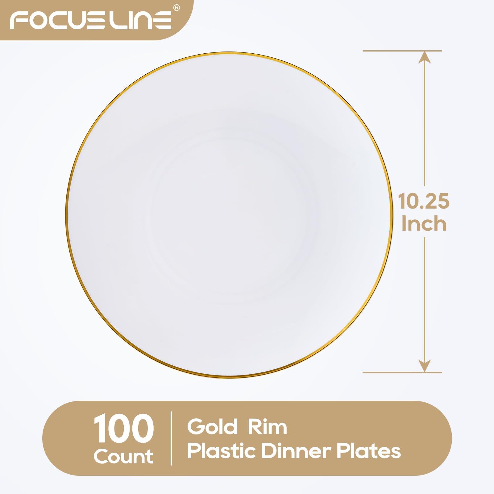 FOCUSLINE 100 Count Gold Plastic Plates 10.25 Inch, Disposable Heavy Duty Dinner Plates, Premium Hard Plastic Plate Fancy Disposable White Plate with Gold Rim - Image 3