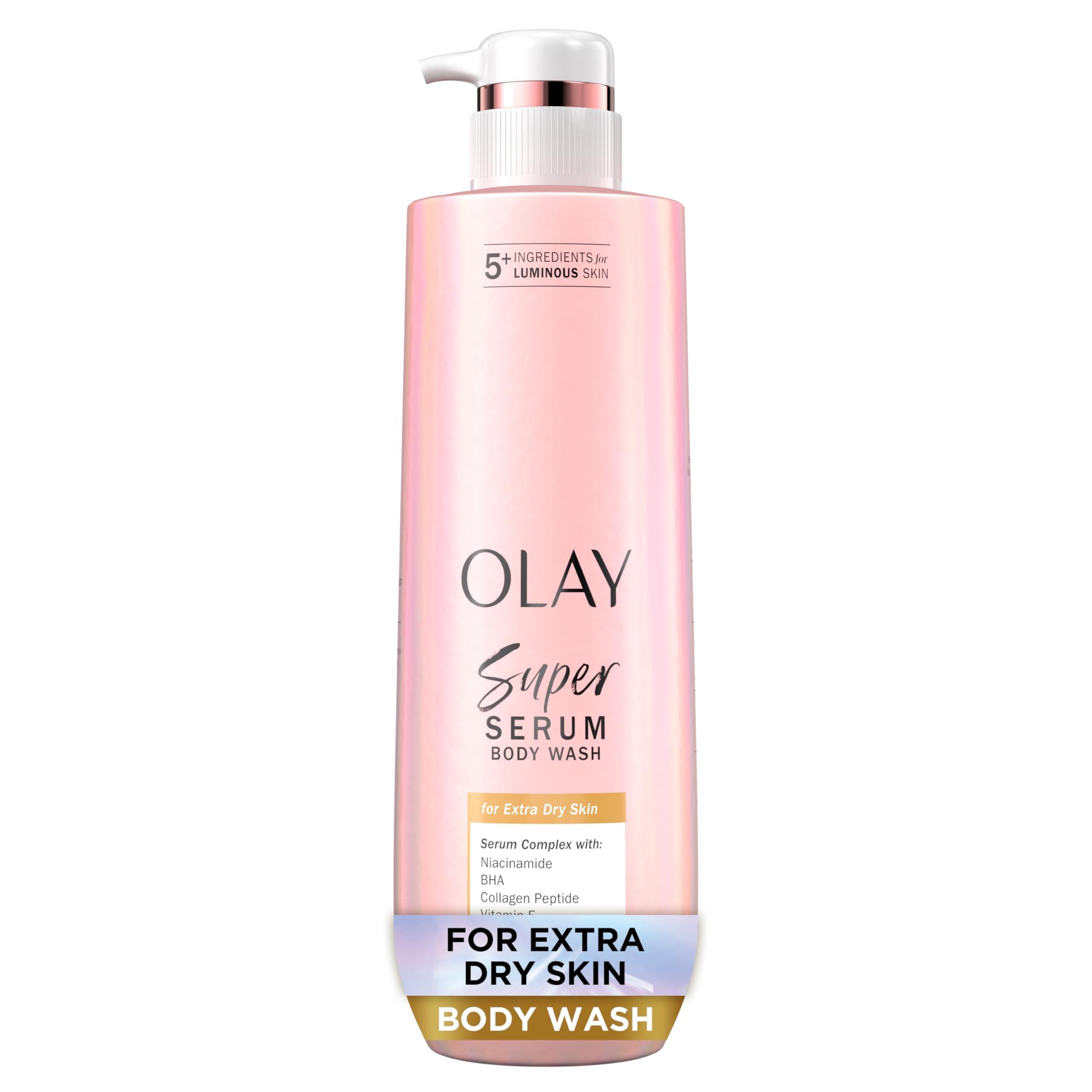 Olay Super Serum Body Wash for Extra Dry Skin, 24hr Long Lasting Hydration, 5+ Ingredient Serum Complex for Bright Even Firm Luminous Skin, 18.5 fl oz