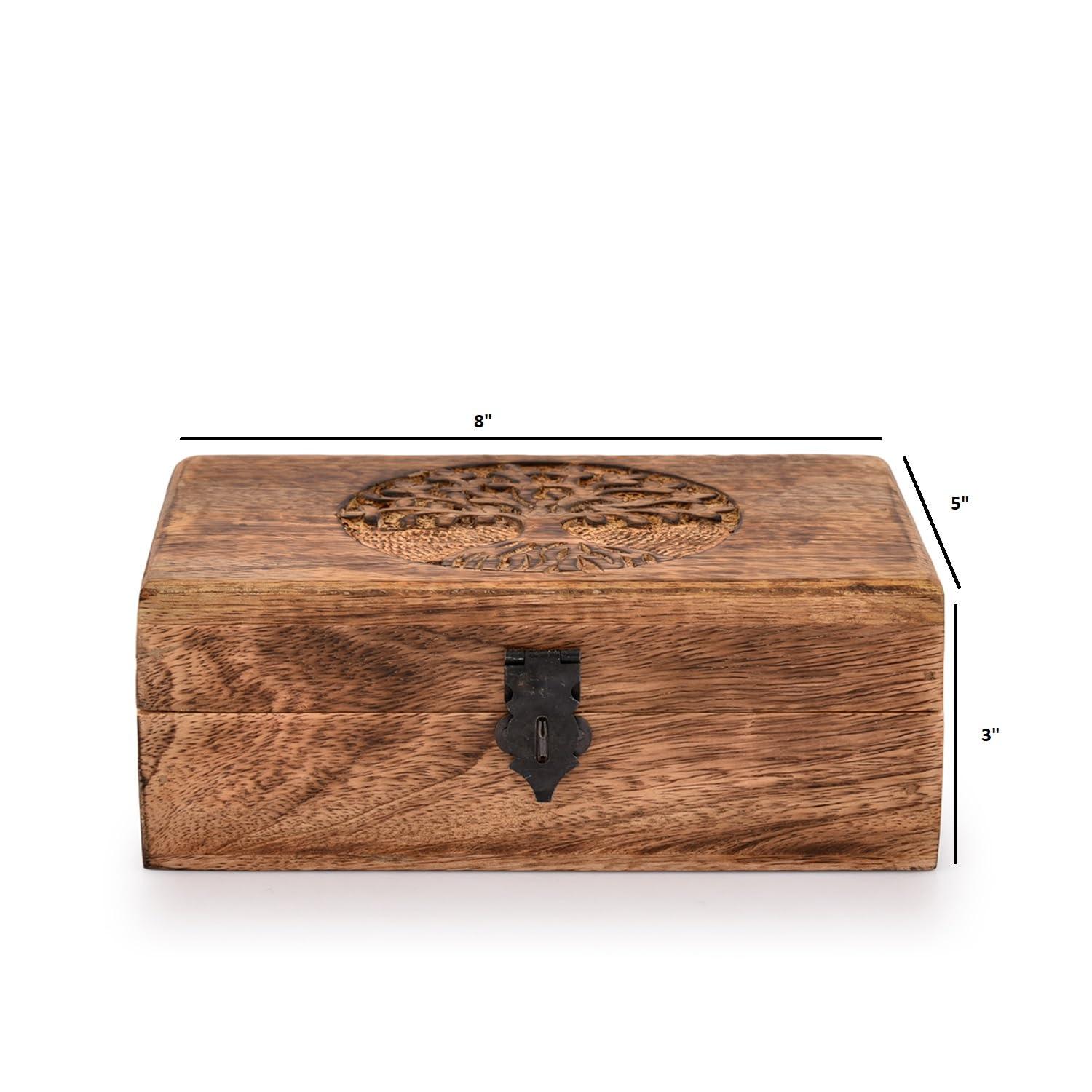 Samhita Handmade Mango Wood Tree of Life Engraving Beautifully Keepsake Box Jewellery Organiser Unique Gift Ideas for Men & Women (Flame Work Finish) - Image 2