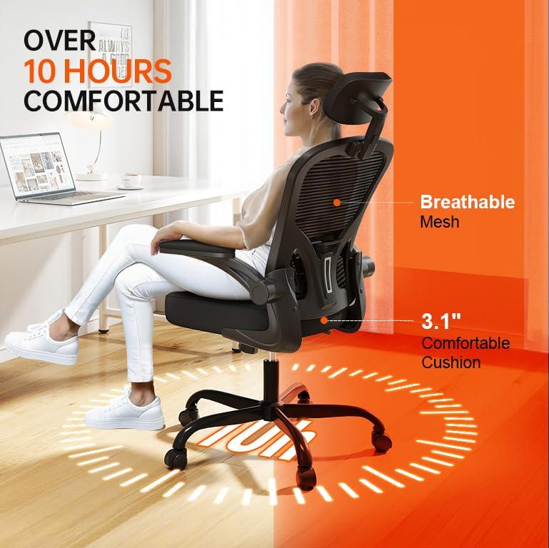 Office Chair Ergonomic Desk Chair, 330LBS Capacity, High Back Computer Chair for Long Hours Comfortable, Rolling Swivel Executive Task Chair for Home Office with Flip-up Armrests, Black - Image 4