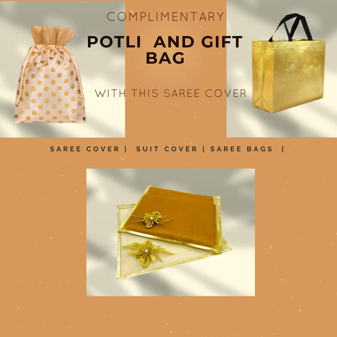 RAAHII Polyvinyl Chloride Wedding Gifting 5 Piece Single Saree/Suit Packing Sari Cover/Saree Pouch Bag With Zip Organizer For Wardrobe Storage Or Gifting,43 Cm,1 Cm,Gold - Image 4