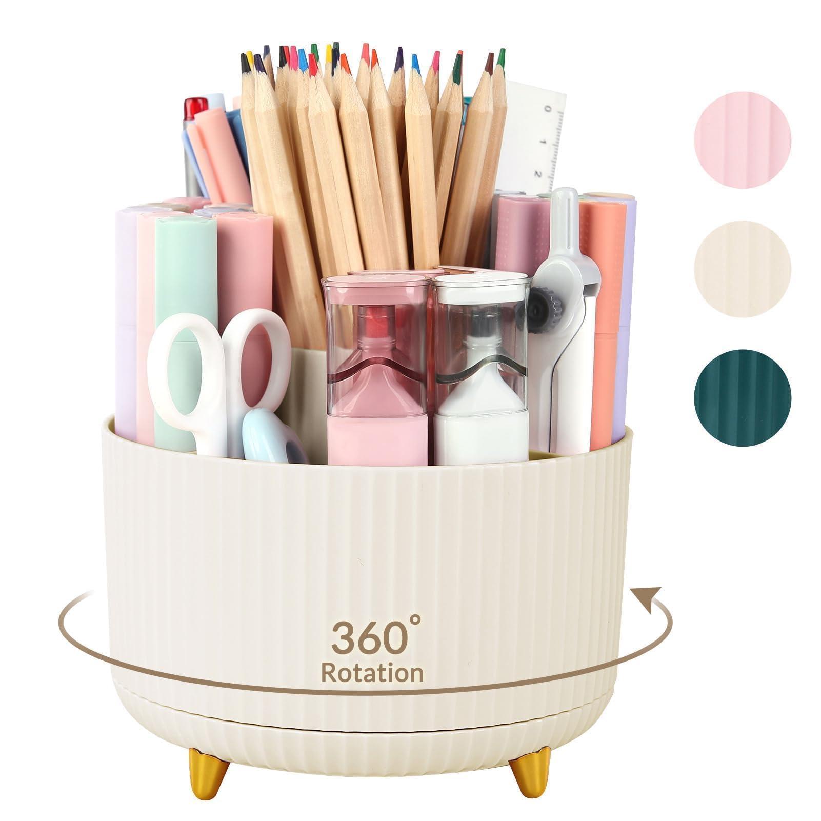 SKYDUE 360 Rotating Plastic Desk Pen Organizer with 5 Slots, Dual-Purpose Art Supply Pencil Cup for Office, School, Home