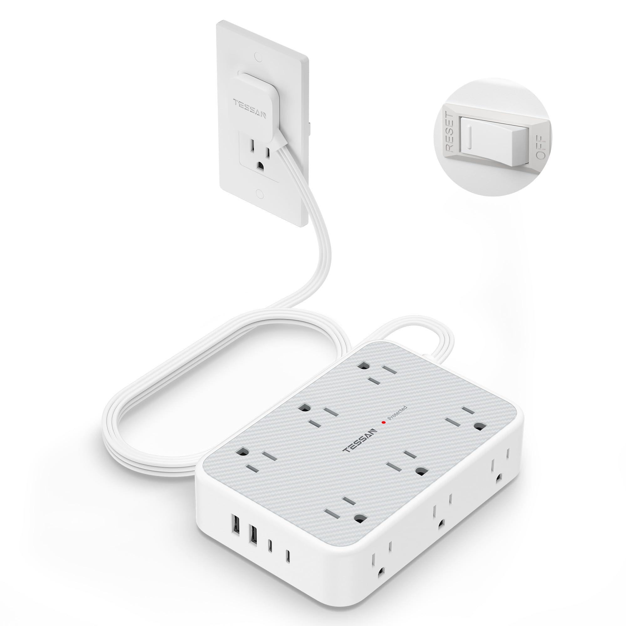 TESSAN Extension Cord 10 ft Surge Protector Power Strip, 12 Outlet Extender with 4 USB (2 USB C), 1800 Joules Protection, Flat Plug, Flat Extension Cord with Multiple Outlets, for Home, Office, Dorm