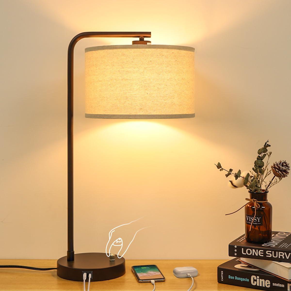 Table Lamp with USB C+A Ports, Fully Stepless Dimmable Modern Bedside Nightstand Lamp, Tall Reading Desk Lamp for Bedroom, Living Room, Study Room, Office, 9W 3000K LED Bulb Included